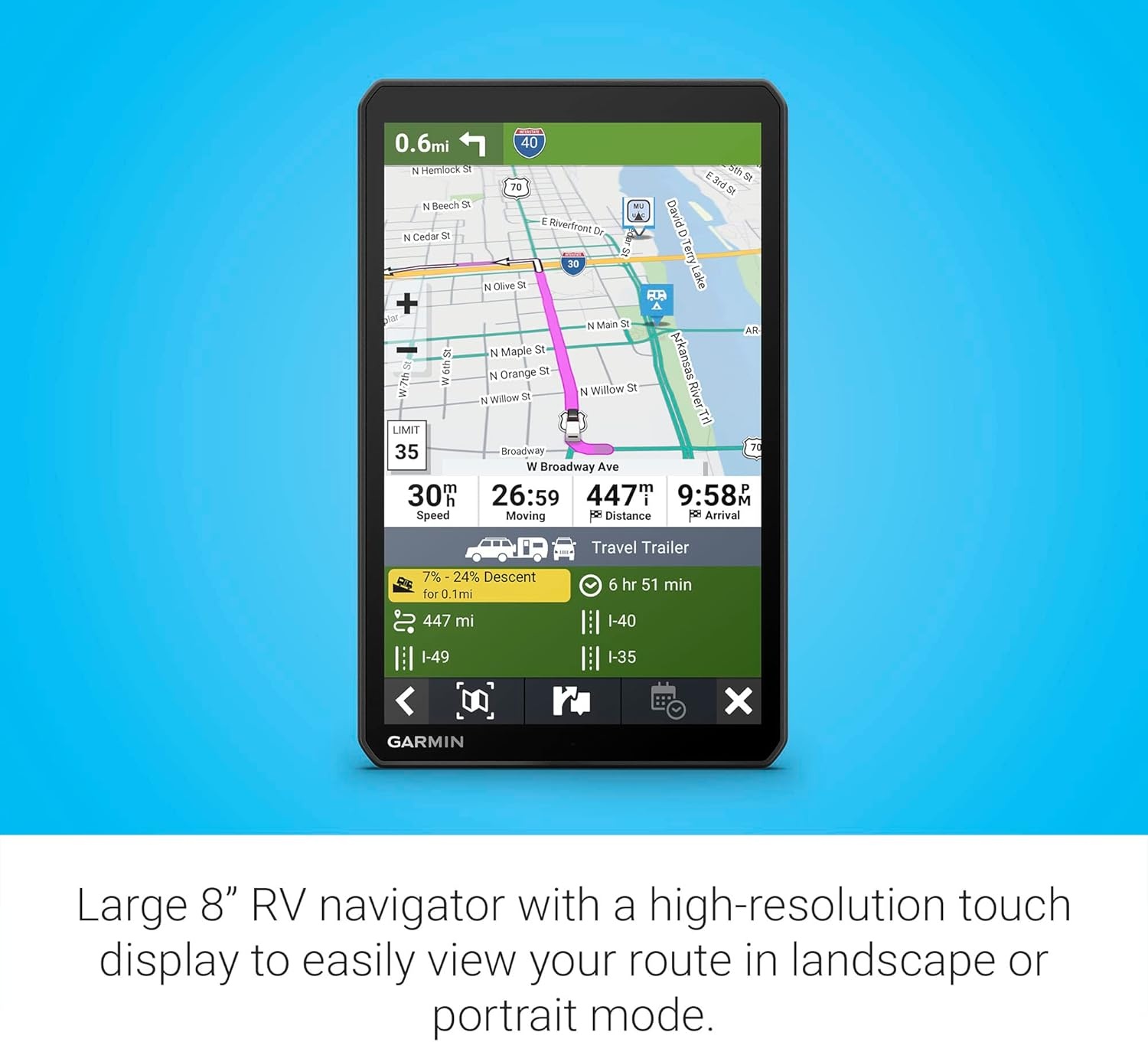 image:imageGarmin RV 795 Large EasytoRead 7 GPS RV Navigator Custom Routing HighResolution Birdseye Satellite Imagery Directory of Parks and Services Access Live Traffic and Weather 7 Touchscreen Custom Rv Routing Birdseye Imagery Preloaded Campgrounds Live Traffic and Weather8 without Dash Cam