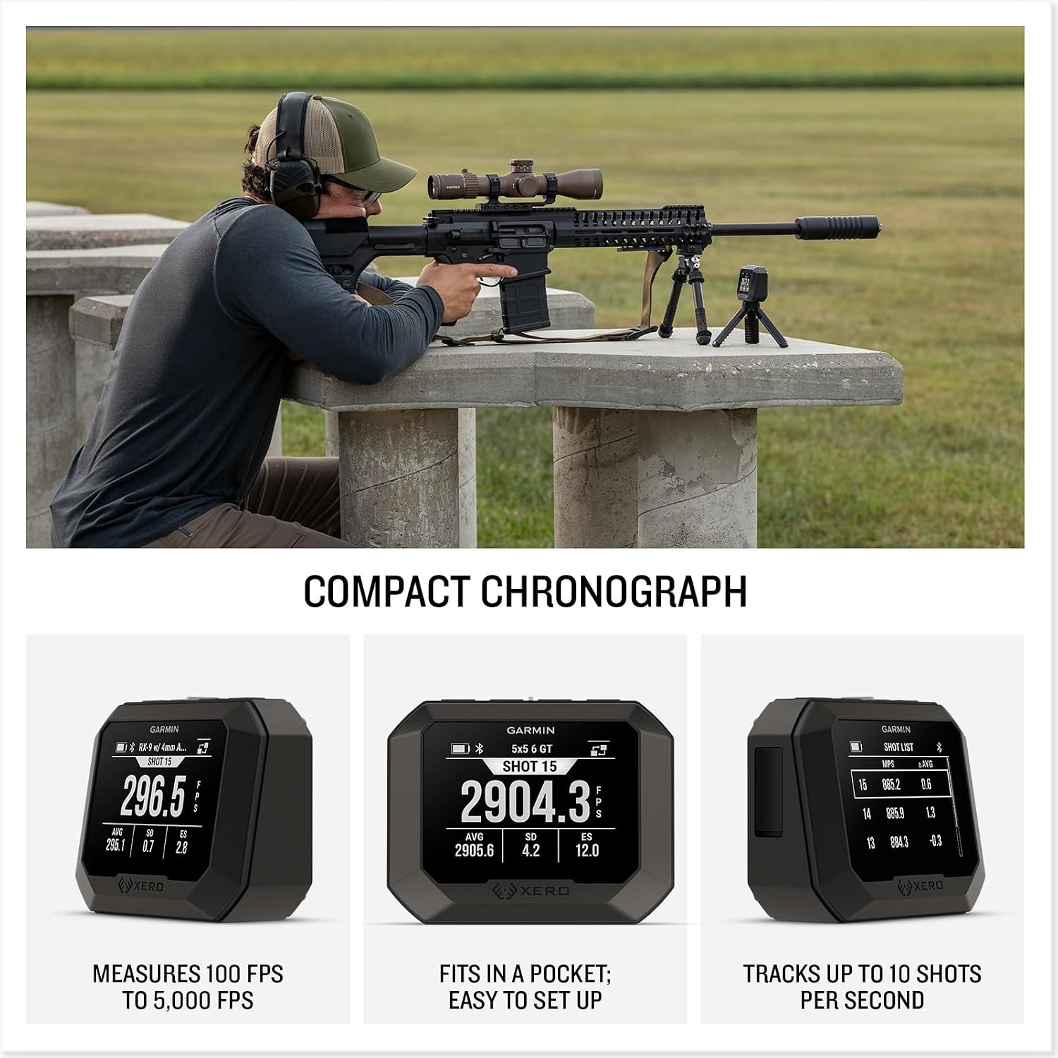 image:imageGarmin Xero C2 Chronograph Compact Reliable Chronograph Tracks Up to 10 Shots Per Second from 100 to 5000 FPS 000 Fps Shotview and Garmin Watch Pairing Rechargeable LiIon USBC IPX7