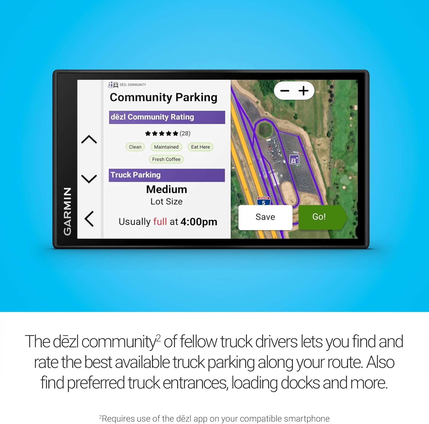 image:imageGarmin dzl OTR620 HighRes 6 GPS Truck Navigator Custom Routing Satellite Imagery Wind Speed CommunityShared Loading Docks Truck Entrances Parking Availability6 with Standard Display