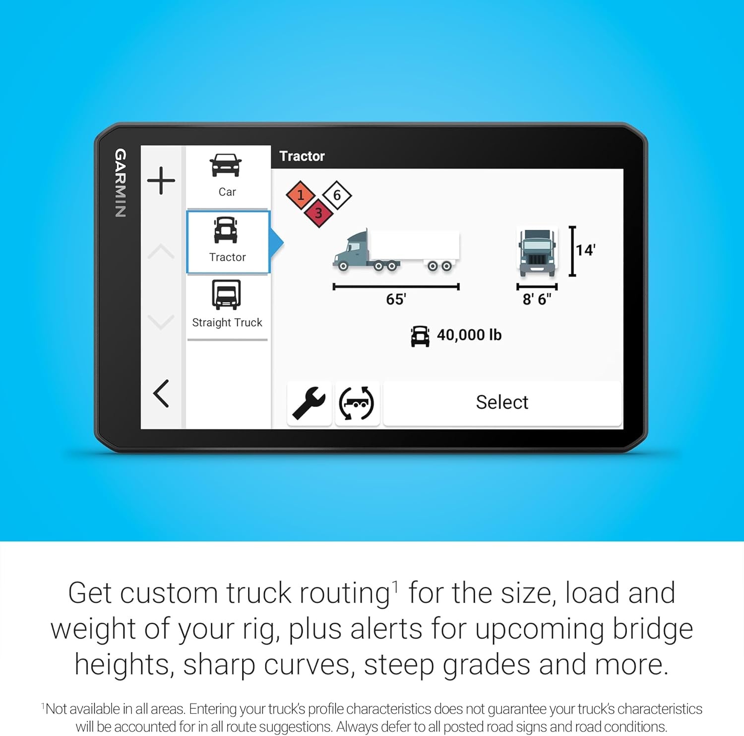 image:imageGarmin dzl OTR620 HighRes 6 GPS Truck Navigator Custom Routing Satellite Imagery Wind Speed CommunityShared Loading Docks Truck Entrances Parking Availability7 with Standard Display