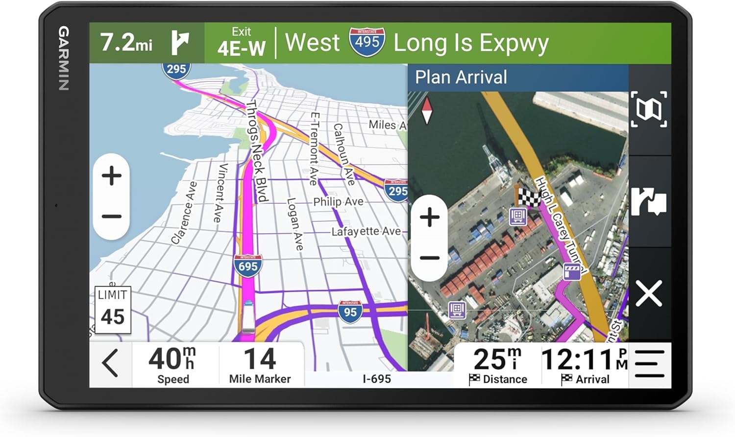 image:imageGarmin dzl OTR620 HighRes 6 GPS Truck Navigator Custom Routing Satellite Imagery Wind Speed CommunityShared Loading Docks Truck Entrances Parking Availability10 with Standard Display