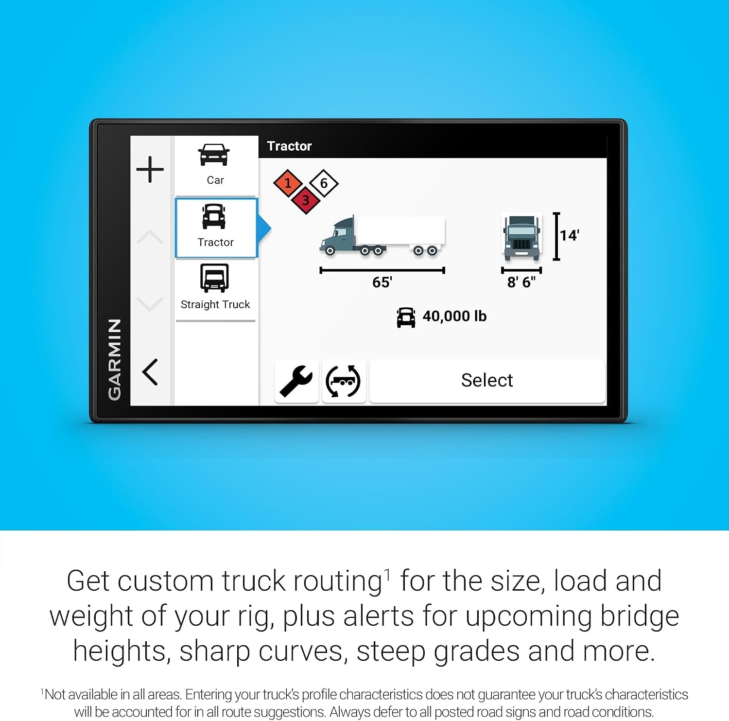 image:imageGarmin dzl OTR620 HighRes 6 GPS Truck Navigator Custom Routing Satellite Imagery Wind Speed CommunityShared Loading Docks Truck Entrances Parking Availability6 with Standard Display