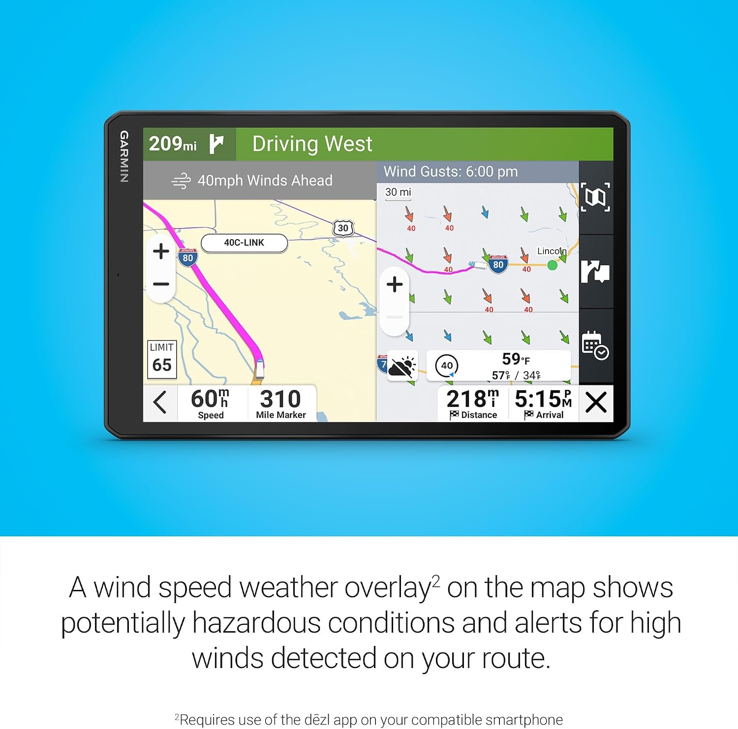 image:imageGarmin dzl OTR620 HighRes 6 GPS Truck Navigator Custom Routing Satellite Imagery Wind Speed CommunityShared Loading Docks Truck Entrances Parking Availability10 with Standard Display