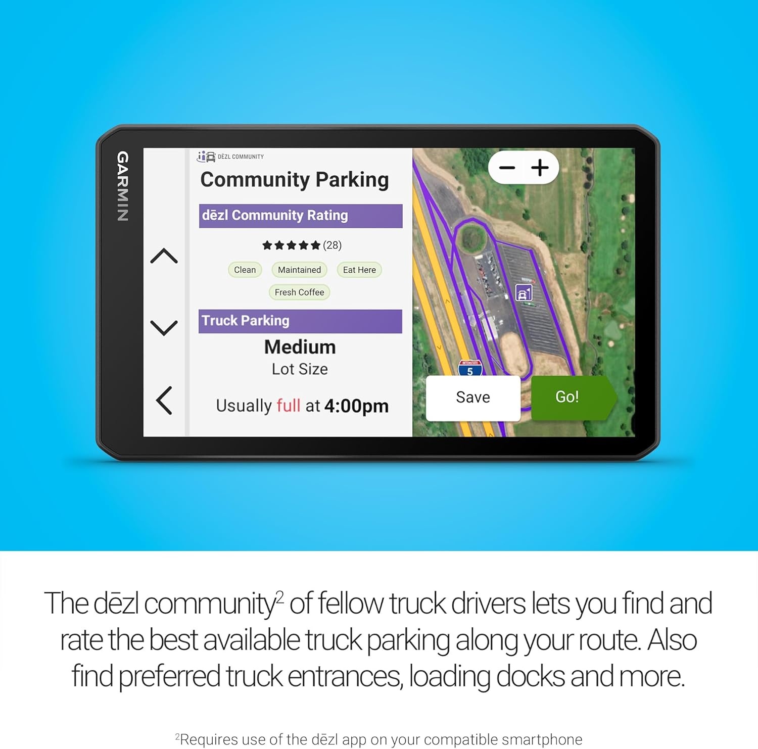 image:imageGarmin dzl OTR620 HighRes 6 GPS Truck Navigator Custom Routing Satellite Imagery Wind Speed CommunityShared Loading Docks Truck Entrances Parking Availability7 with Standard Display