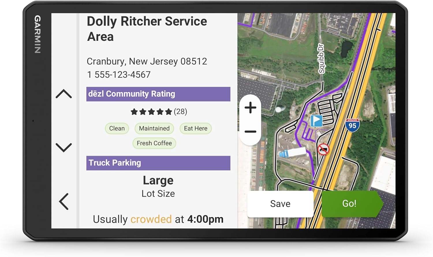image:imageGarmin dzl OTR620 HighRes 6 GPS Truck Navigator Custom Routing Satellite Imagery Wind Speed CommunityShared Loading Docks Truck Entrances Parking Availability10 with Standard Display