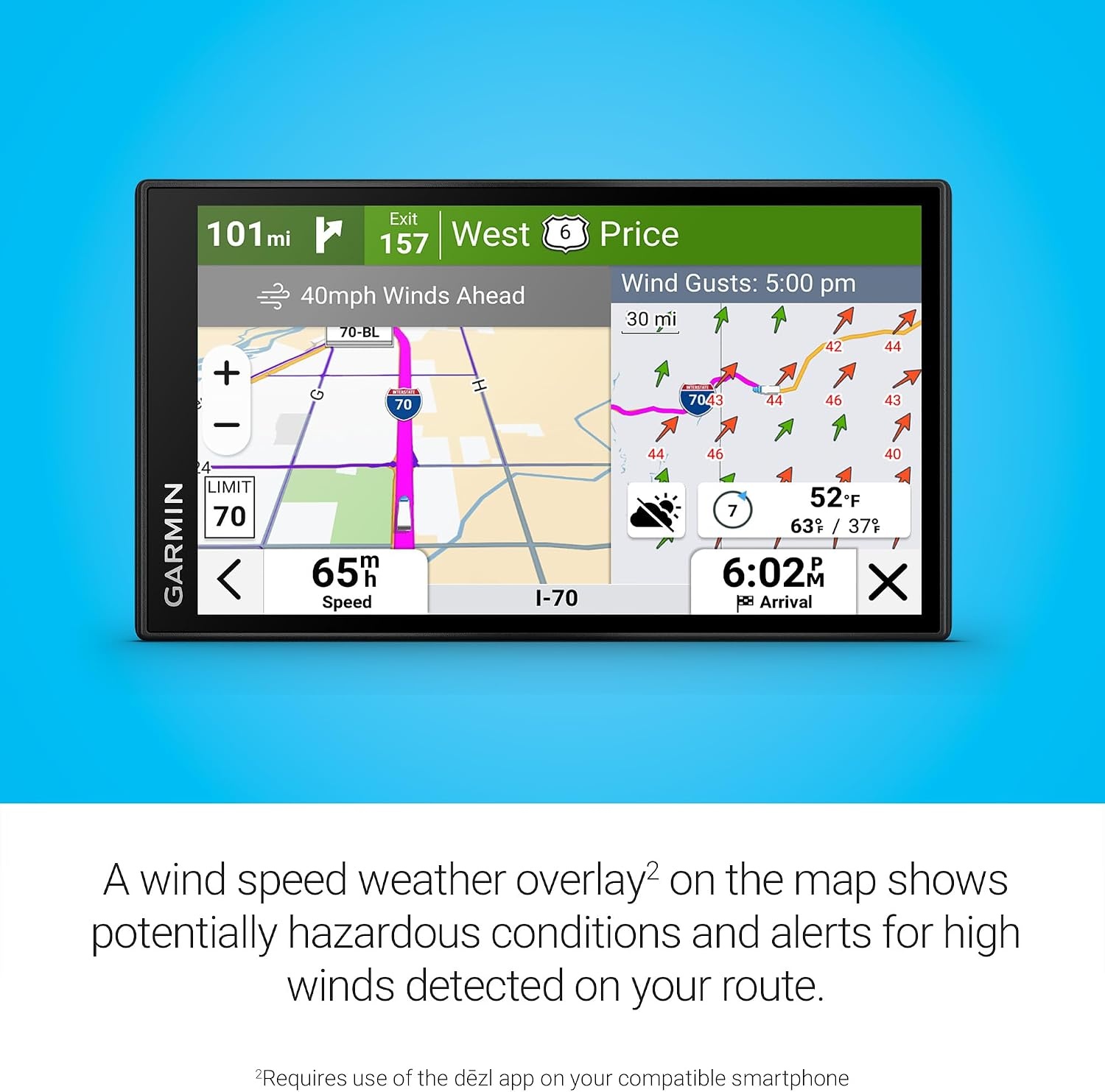 image:imageGarmin dzl OTR620 HighRes 6 GPS Truck Navigator Custom Routing Satellite Imagery Wind Speed CommunityShared Loading Docks Truck Entrances Parking Availability6 with Standard Display