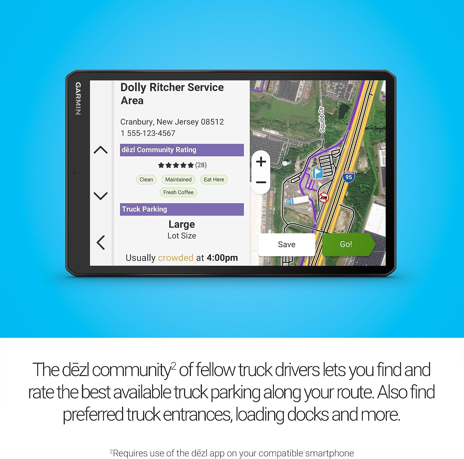 image:imageGarmin dzl OTR620 HighRes 6 GPS Truck Navigator Custom Routing Satellite Imagery Wind Speed CommunityShared Loading Docks Truck Entrances Parking Availability10 with Standard Display