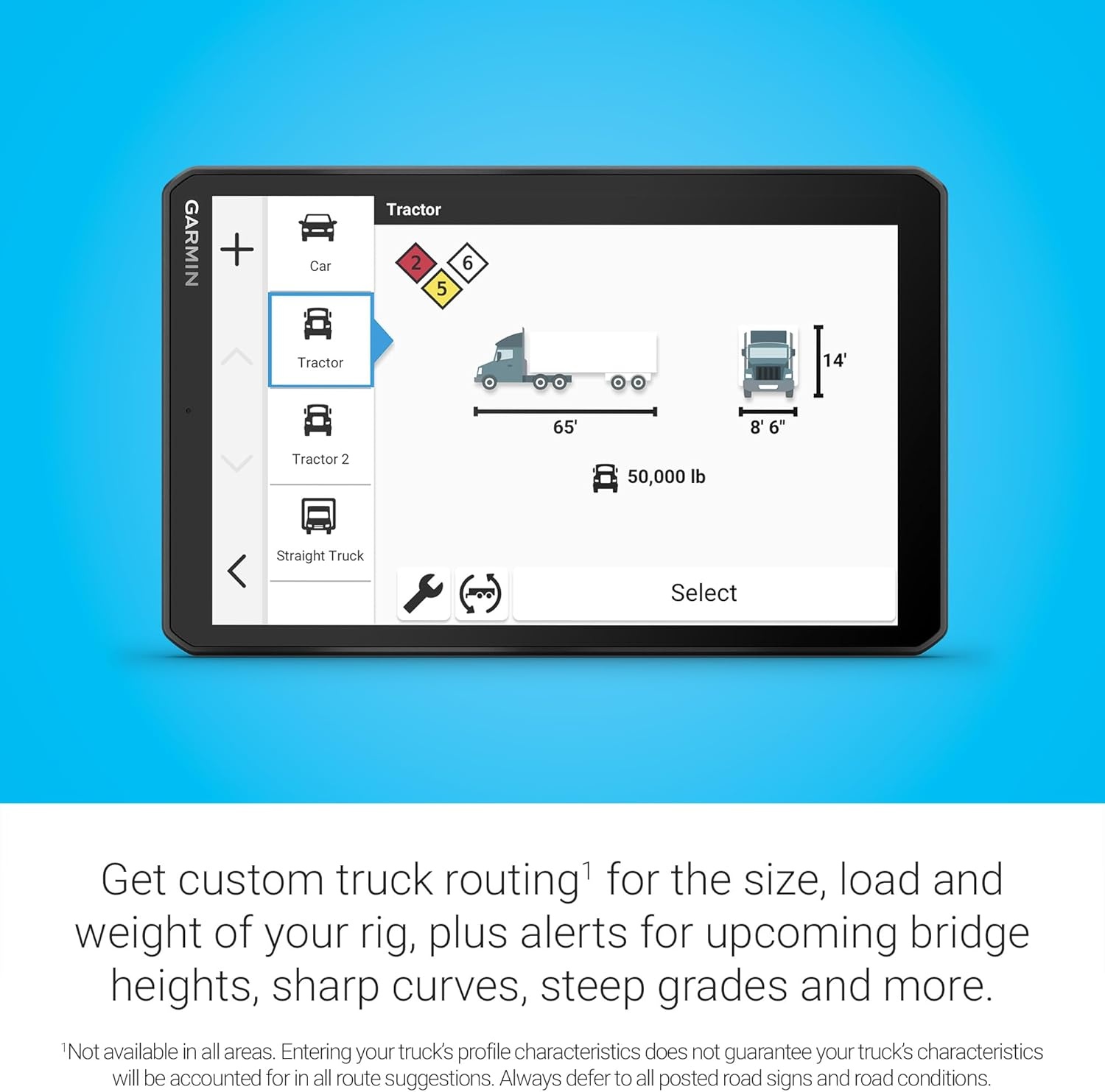 image:imageGarmin dzl OTR620 HighRes 6 GPS Truck Navigator Custom Routing Satellite Imagery Wind Speed CommunityShared Loading Docks Truck Entrances Parking Availability8 with Standard Display