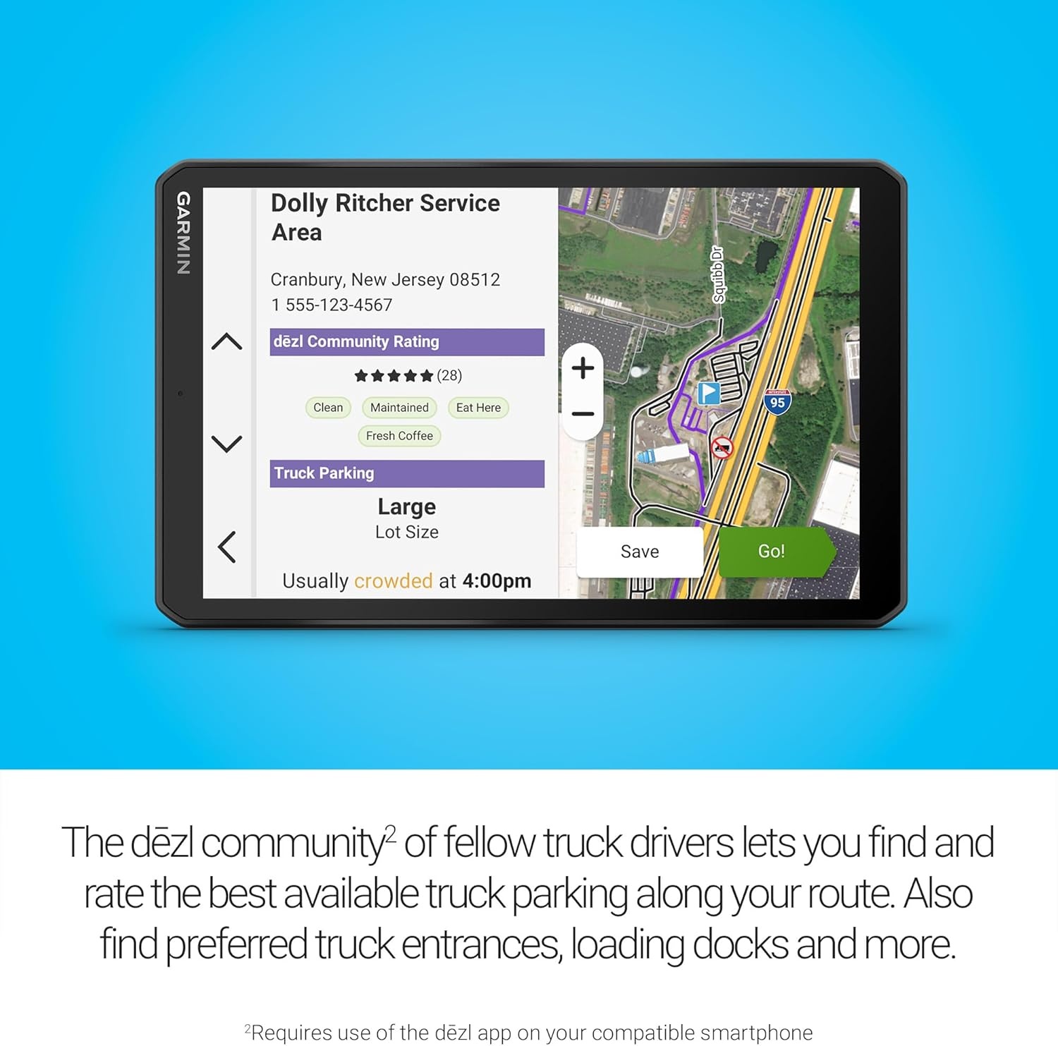 image:imageGarmin dzl OTR620 HighRes 6 GPS Truck Navigator Custom Routing Satellite Imagery Wind Speed CommunityShared Loading Docks Truck Entrances Parking Availability8 with Standard Display