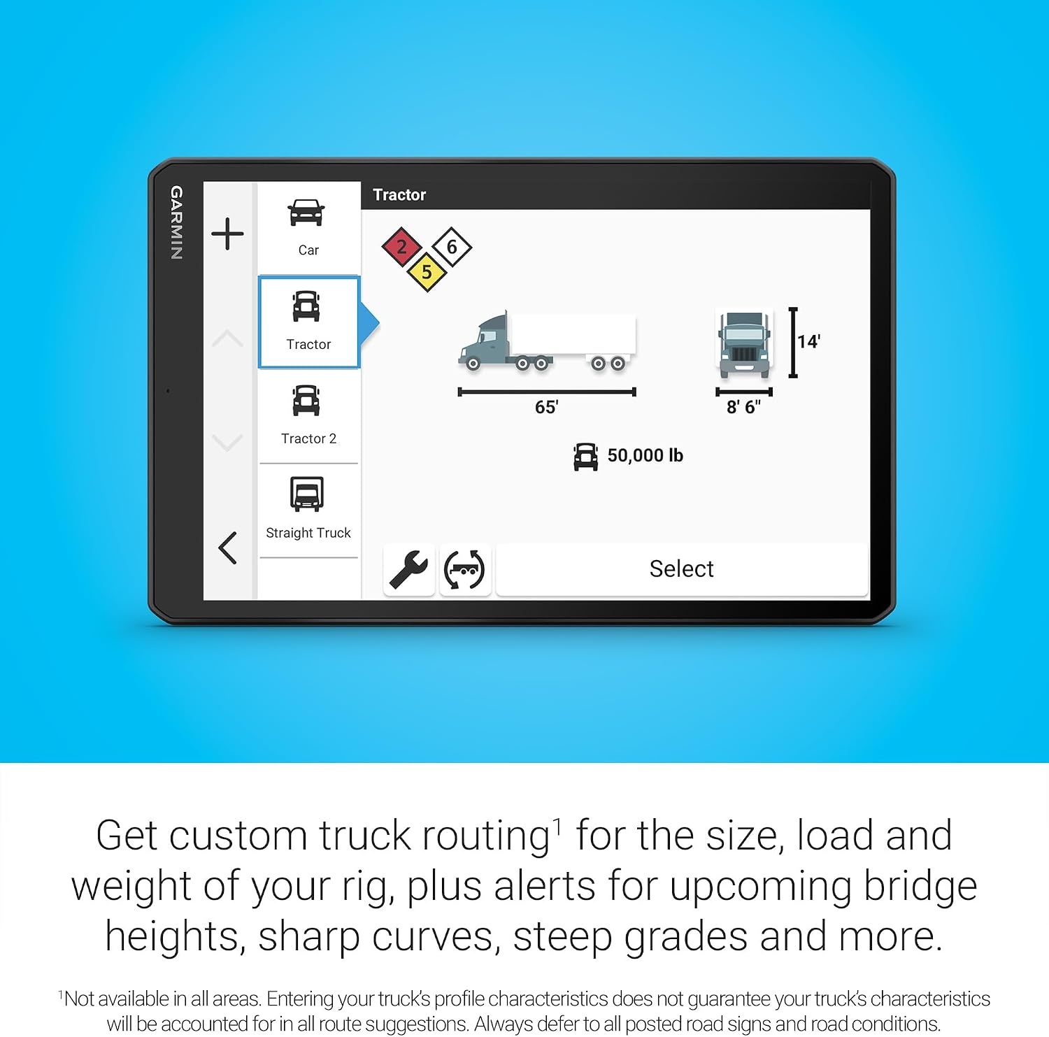 image:imageGarmin dzl OTR620 HighRes 6 GPS Truck Navigator Custom Routing Satellite Imagery Wind Speed CommunityShared Loading Docks Truck Entrances Parking Availability10 with Standard Display