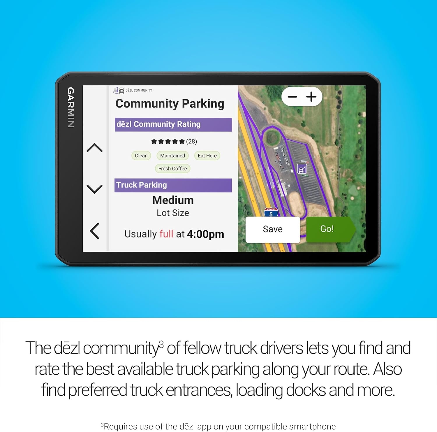 image:imageGarmin dzl OTR620 HighRes 6 GPS Truck Navigator Custom Routing Satellite Imagery Wind Speed CommunityShared Loading Docks Truck Entrances Parking Availability7 with Dash Cam