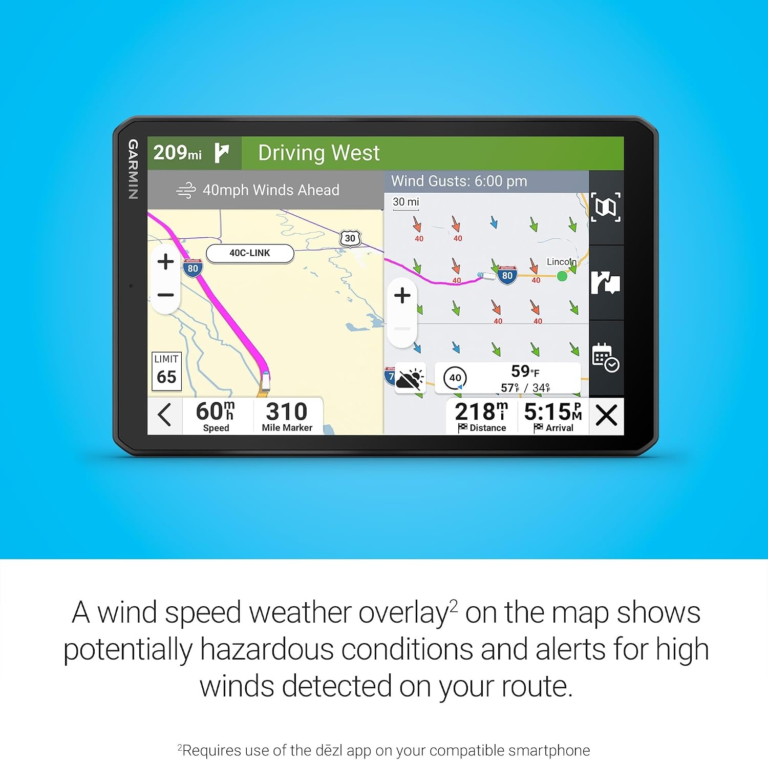 image:imageGarmin dzl OTR620 HighRes 6 GPS Truck Navigator Custom Routing Satellite Imagery Wind Speed CommunityShared Loading Docks Truck Entrances Parking Availability8 with Standard Display