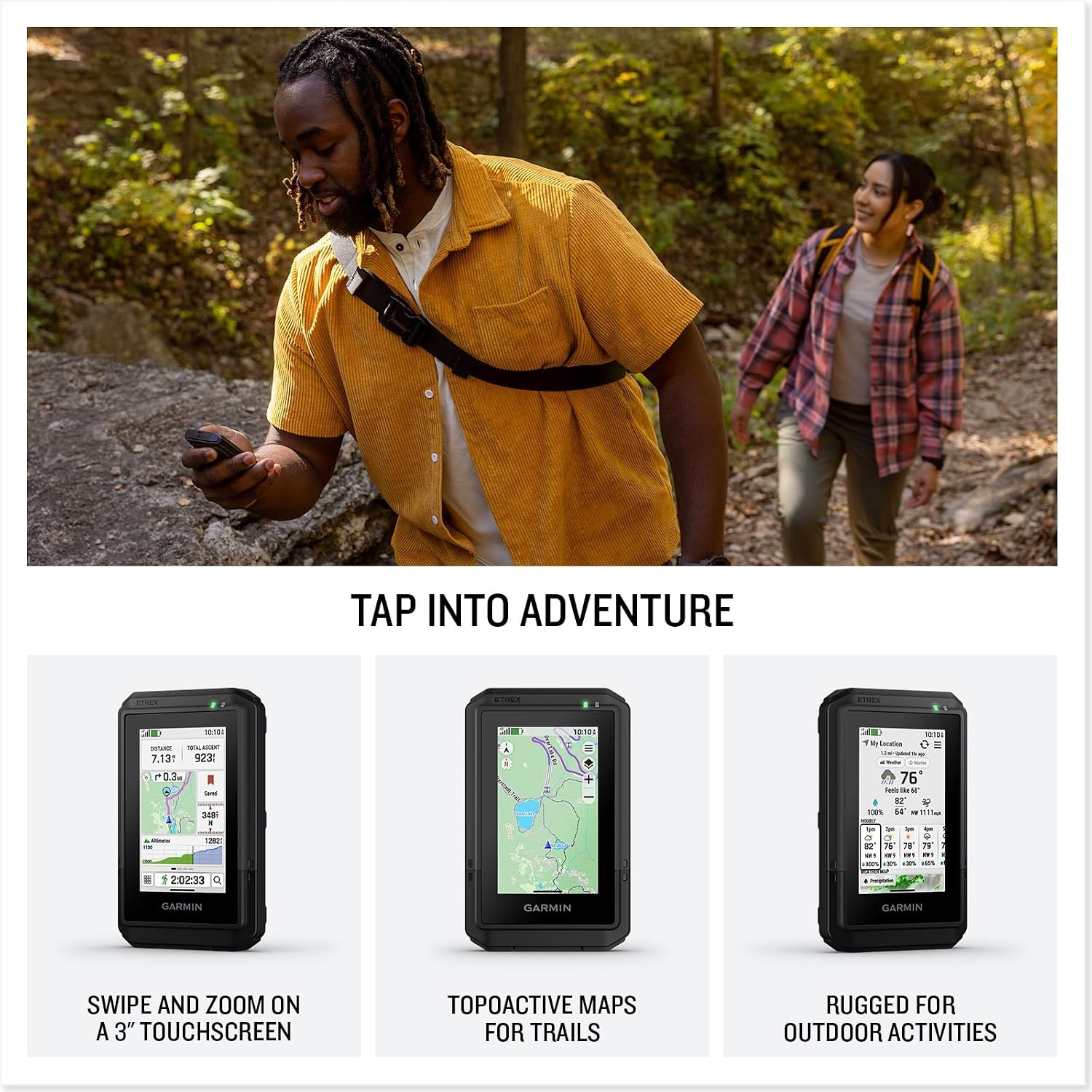 image:imageGarmin eTrex Touch Rugged EasytoUse GPS Handheld Navigator Color Touchscreen Preloaded Maps with Routable Trails and Roads Long Battery Life for Hiking and All Outdoor Activities 3 Color Touchscreen IP67 Rugged Preloaded Topoactive Maps MultiBand GPS Up to 130 Hrs Battery