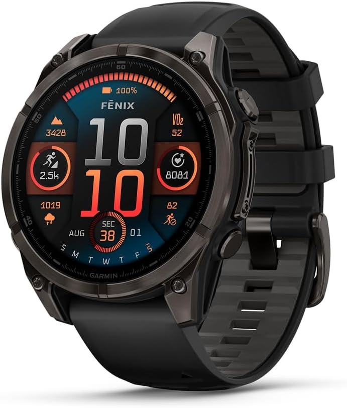 image:imageGarmin fnix 8 51 mm SolarSapphire Premium Multisport GPS Smartwatch ConnectLongLasting Battery Life DiveRatedBuiltin LED FlashlightCarbon Gray DLC Titanium with Pebble Gray Band Carbon Gray Dlc Ti Bezel Black and Pebble Gray Band LED Flashlight 100m Water Up to 48Day BatteryTitanium with Gray Band
