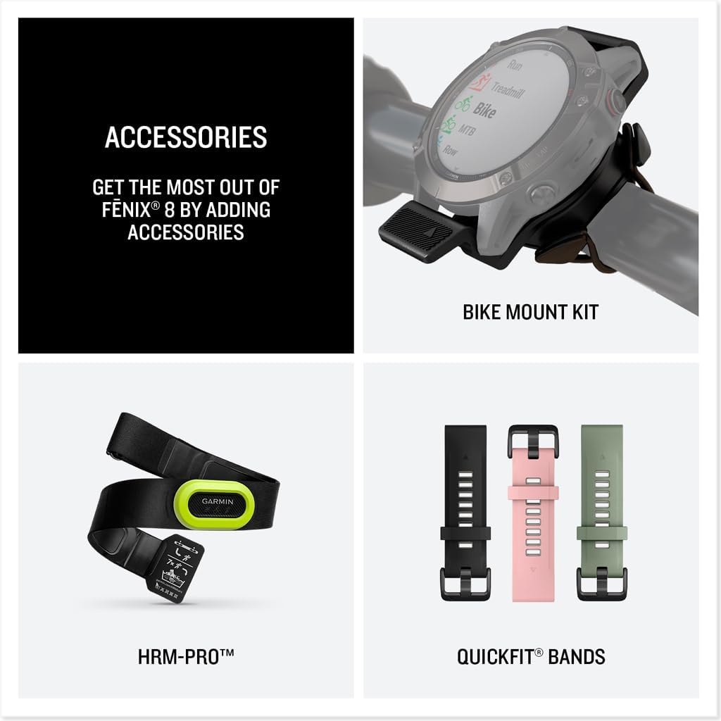 image:imageGarmin fnix 8 51 mm SolarSapphire Premium Multisport GPS Smartwatch ConnectLongLasting Battery Life DiveRatedBuiltin LED FlashlightCarbon Gray DLC Titanium with Pebble Gray Band Carbon Gray Dlc Ti Bezel Black and Pebble Gray Band LED Flashlight 100m Water Up to 48Day BatteryTitanium with YellowGraphite Band