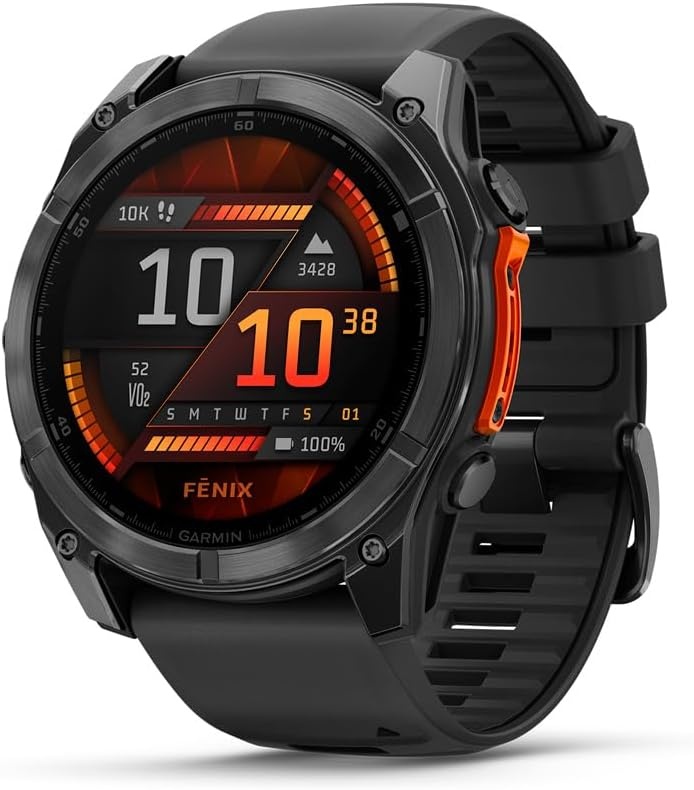 image:imageGarmin fnix 8 51 mm SolarSapphire Premium Multisport GPS Smartwatch ConnectLongLasting Battery Life DiveRatedBuiltin LED FlashlightCarbon Gray DLC Titanium with Pebble Gray Band Carbon Gray Dlc Ti Bezel Black and Pebble Gray Band LED Flashlight 100m Water Up to 48Day BatterySlate Gray with Black Band