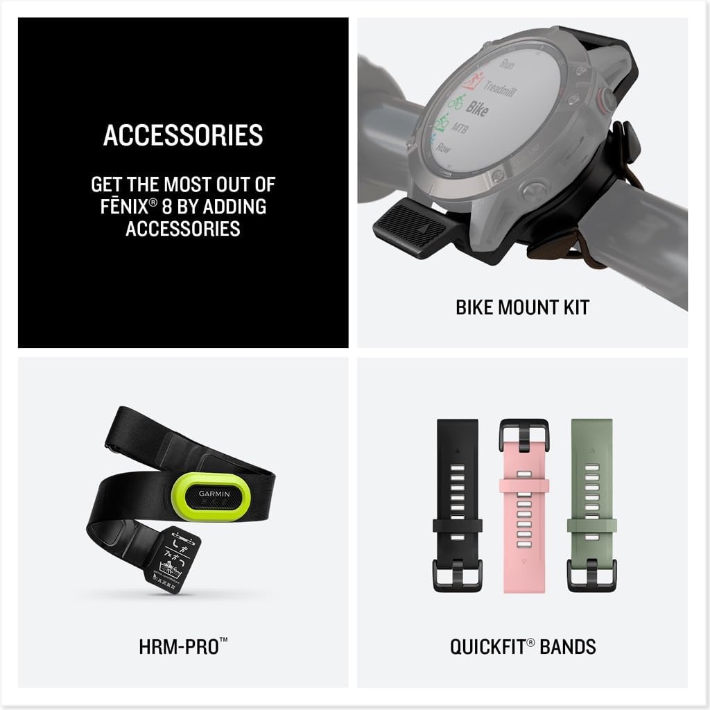 image:imageGarmin fnix 8 51 mm SolarSapphire Premium Multisport GPS Smartwatch ConnectLongLasting Battery Life DiveRatedBuiltin LED FlashlightCarbon Gray DLC Titanium with Pebble Gray Band Carbon Gray Dlc Ti Bezel Black and Pebble Gray Band LED Flashlight 100m Water Up to 48Day BatteryTitanium with OrangeGraphite Band