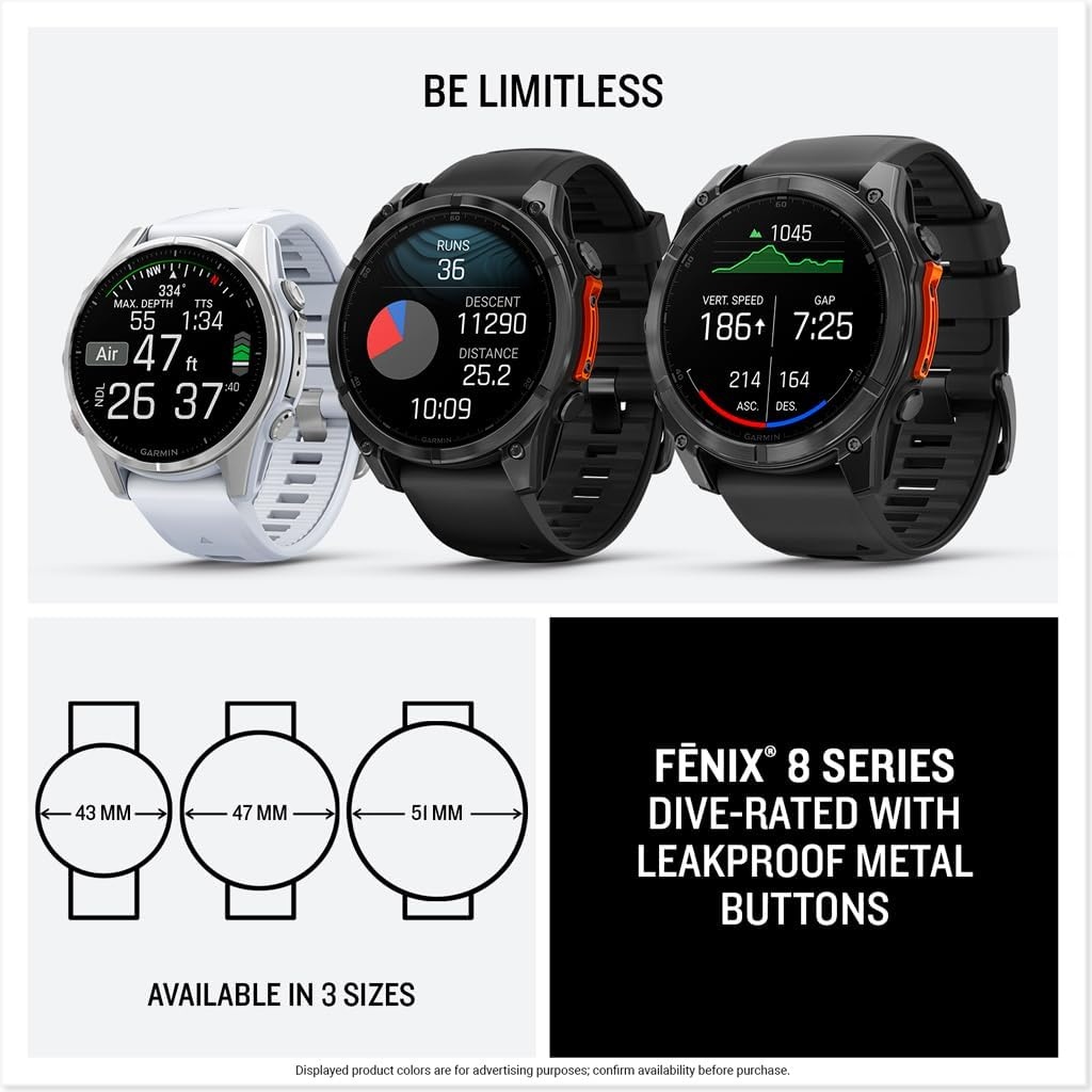 image:imageGarmin fnix 8 51 mm SolarSapphire Premium Multisport GPS Smartwatch ConnectLongLasting Battery Life DiveRatedBuiltin LED FlashlightCarbon Gray DLC Titanium with Pebble Gray Band Carbon Gray Dlc Ti Bezel Black and Pebble Gray Band LED Flashlight 100m Water Up to 48Day BatterySoft Gold with Dark Sandstone Band