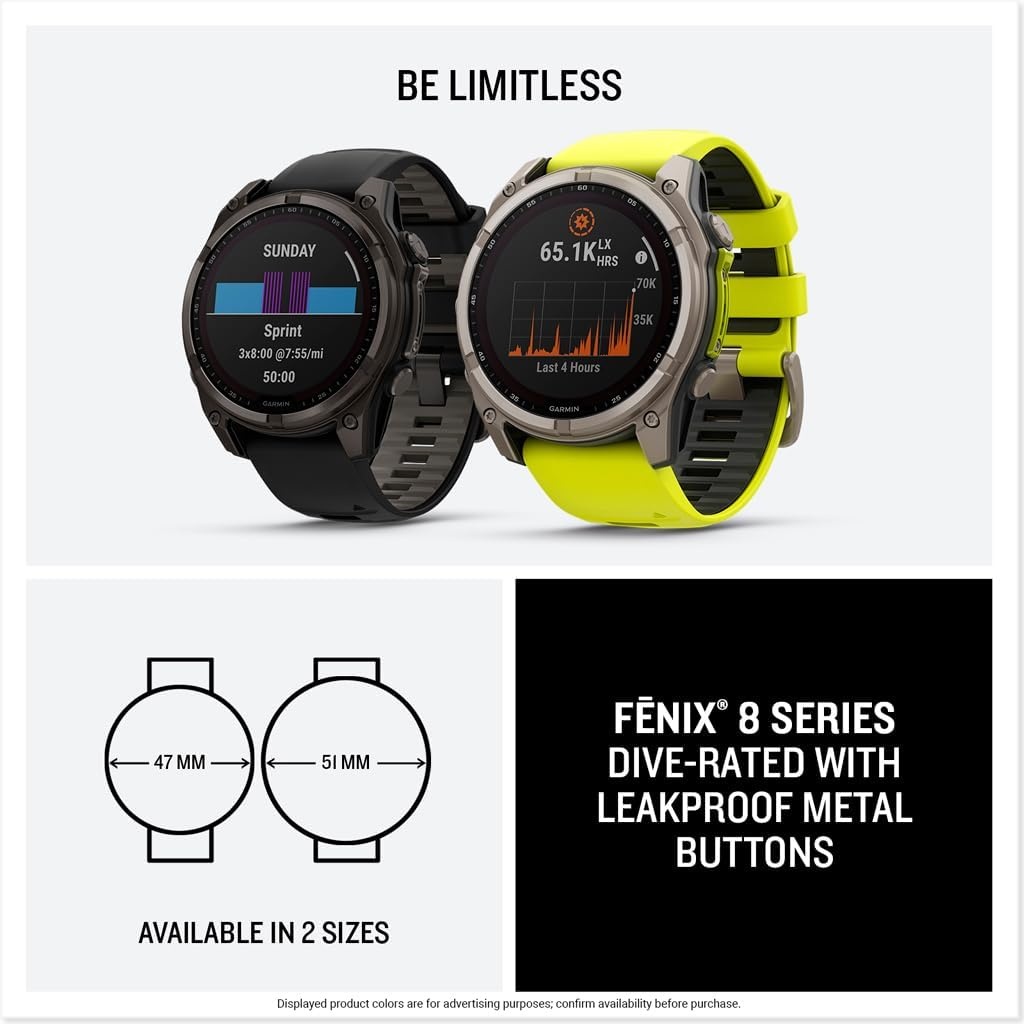image:imageGarmin fnix 8 51 mm SolarSapphire Premium Multisport GPS Smartwatch ConnectLongLasting Battery Life DiveRatedBuiltin LED FlashlightCarbon Gray DLC Titanium with Pebble Gray Band Carbon Gray Dlc Ti Bezel Black and Pebble Gray Band LED Flashlight 100m Water Up to 48Day BatteryTitanium with Pebble Gray BandSolar