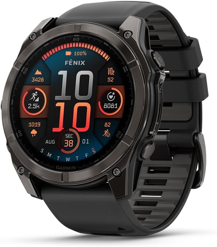 image:imageGarmin fnix 8 51 mm SolarSapphire Premium Multisport GPS Smartwatch ConnectLongLasting Battery Life DiveRatedBuiltin LED FlashlightCarbon Gray DLC Titanium with Pebble Gray Band Carbon Gray Dlc Ti Bezel Black and Pebble Gray Band LED Flashlight 100m Water Up to 48Day BatteryTitanium with Gray Band