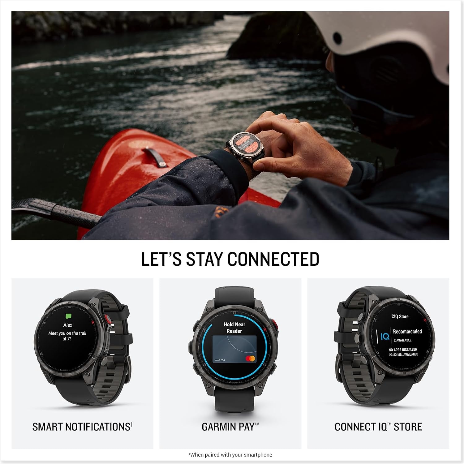 image:imageGarmin fnix 8 Pro 47mm AMOLED Display Premium Connected Multisport GPS Smartwatch inReach Technology Sapphire Titanium with GraphiteBlack Silicone Band Sapphire Crystal Titanium Bezel Graphite and Black Silicone Band Inreach Up to 15 DaysCarbon Gray DLC