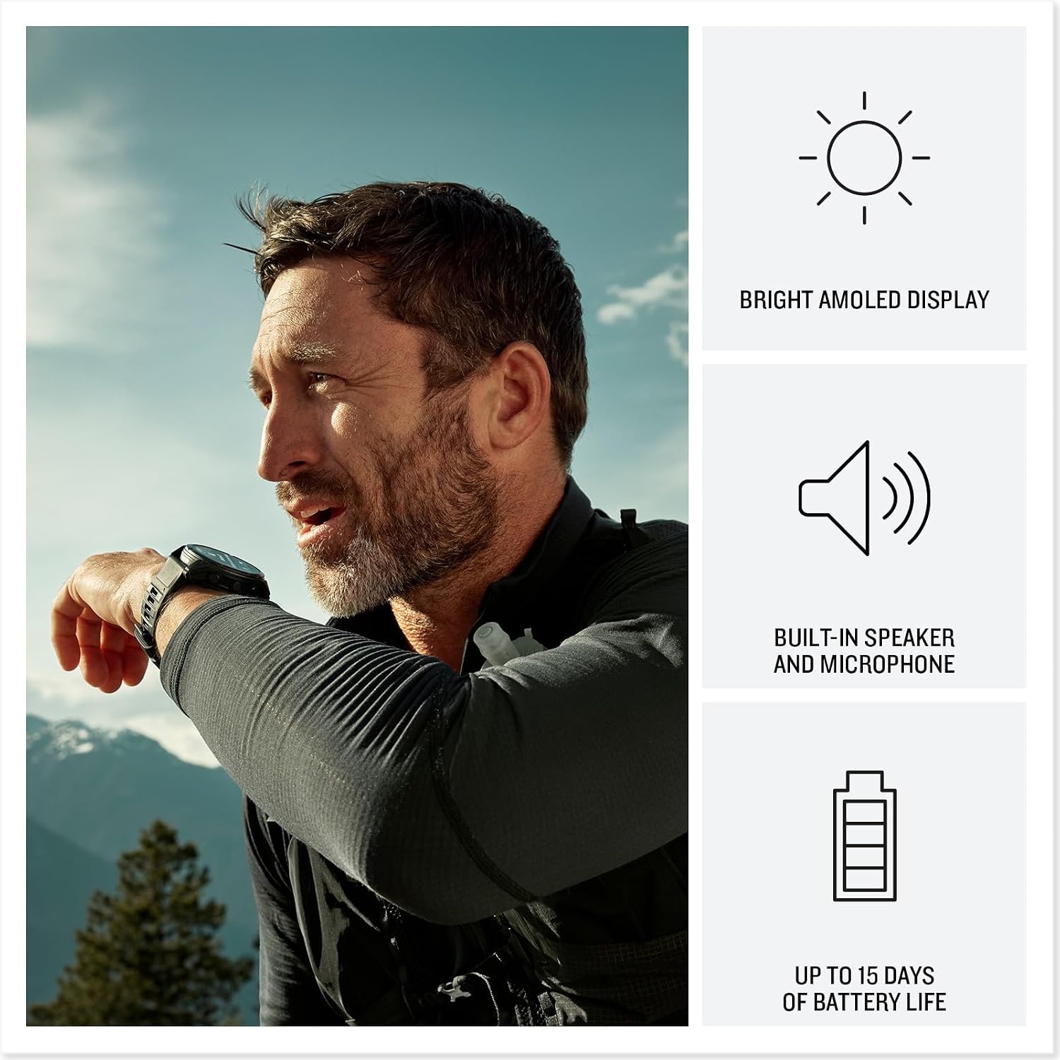 image:imageGarmin fnix 8 Pro 47mm AMOLED Display Premium Connected Multisport GPS Smartwatch inReach Technology Sapphire Titanium with GraphiteBlack Silicone Band Sapphire Crystal Titanium Bezel Graphite and Black Silicone Band Inreach Up to 15 DaysGraphite