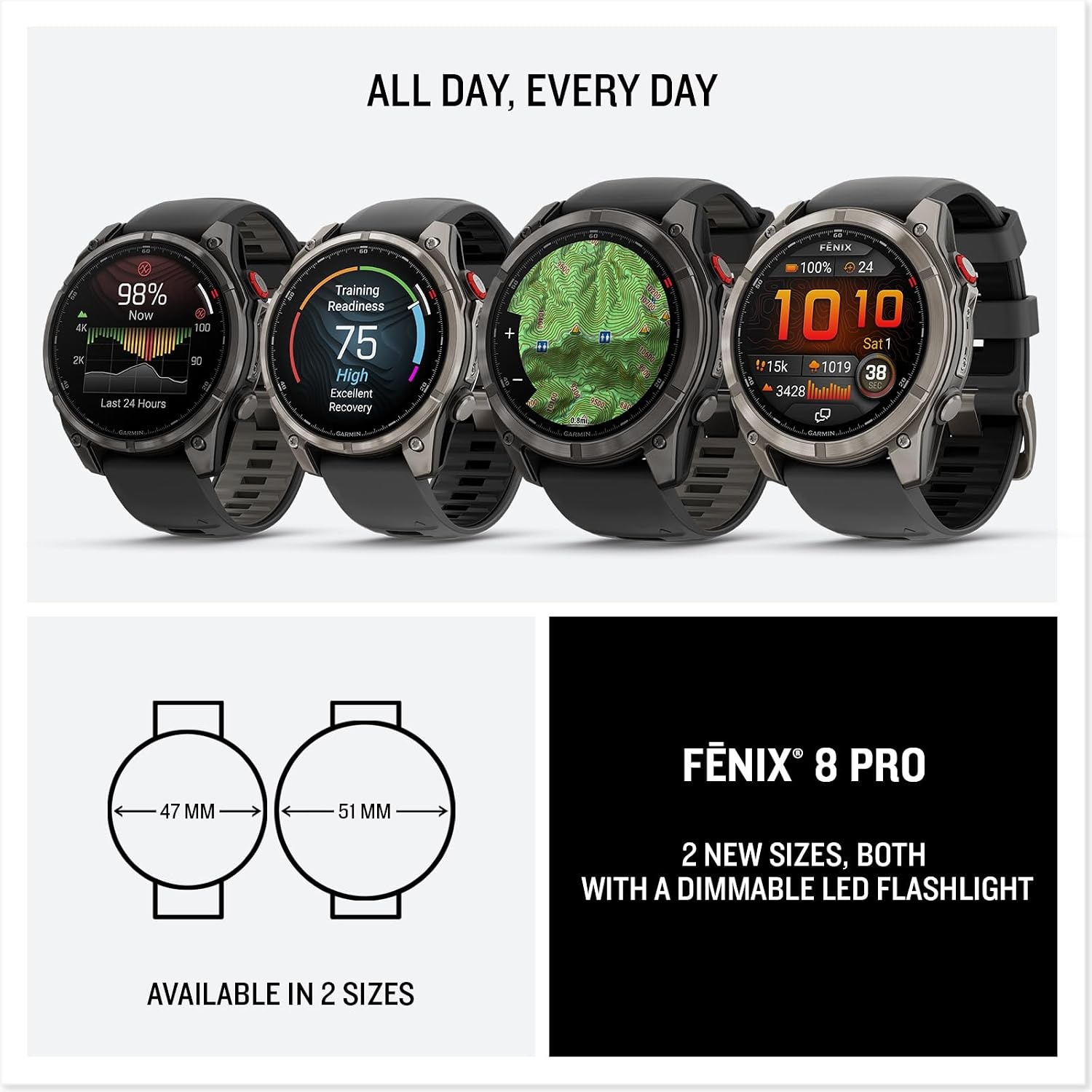 image:imageGarmin fnix 8 Pro 47mm AMOLED Display Premium Connected Multisport GPS Smartwatch inReach Technology Sapphire Titanium with GraphiteBlack Silicone Band Sapphire Crystal Titanium Bezel Graphite and Black Silicone Band Inreach Up to 15 DaysCarbon Gray DLC