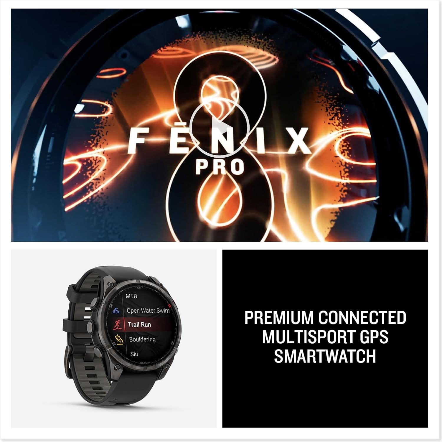 image:imageGarmin fnix 8 Pro 47mm AMOLED Display Premium Connected Multisport GPS Smartwatch inReach Technology Sapphire Titanium with GraphiteBlack Silicone Band Sapphire Crystal Titanium Bezel Graphite and Black Silicone Band Inreach Up to 15 DaysCarbon Gray DLC