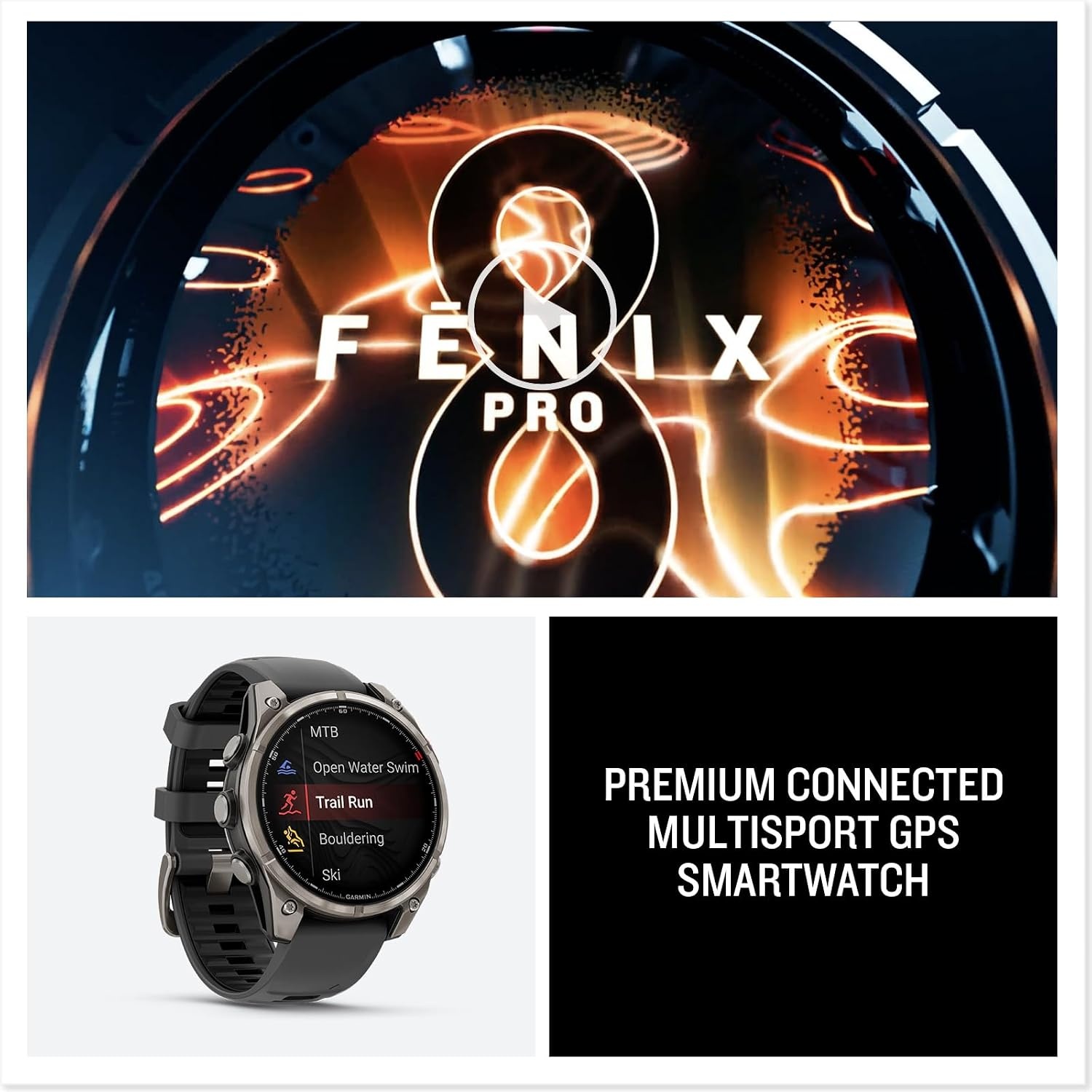 image:imageGarmin fnix 8 Pro 47mm AMOLED Display Premium Connected Multisport GPS Smartwatch inReach Technology Sapphire Titanium with GraphiteBlack Silicone Band Sapphire Crystal Titanium Bezel Graphite and Black Silicone Band Inreach Up to 15 DaysGraphite