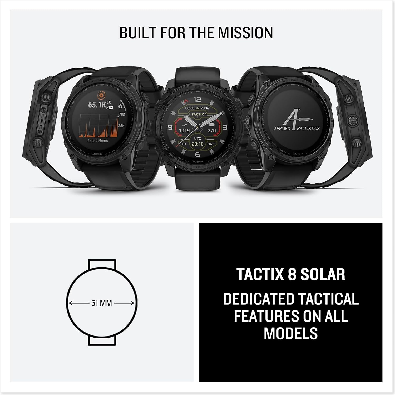 image:imageGarmin tactix 8 51mm Solar Charged Display Premium Tactical GPS Smartwatch Includes Applied Ballistics Ultralight Solver 14Inch Solar Amoled Ti Bezel and Power Sapphire Applied Ballistics Ultralight Solver MultiBand GPSSOLAR AB ELITE Black