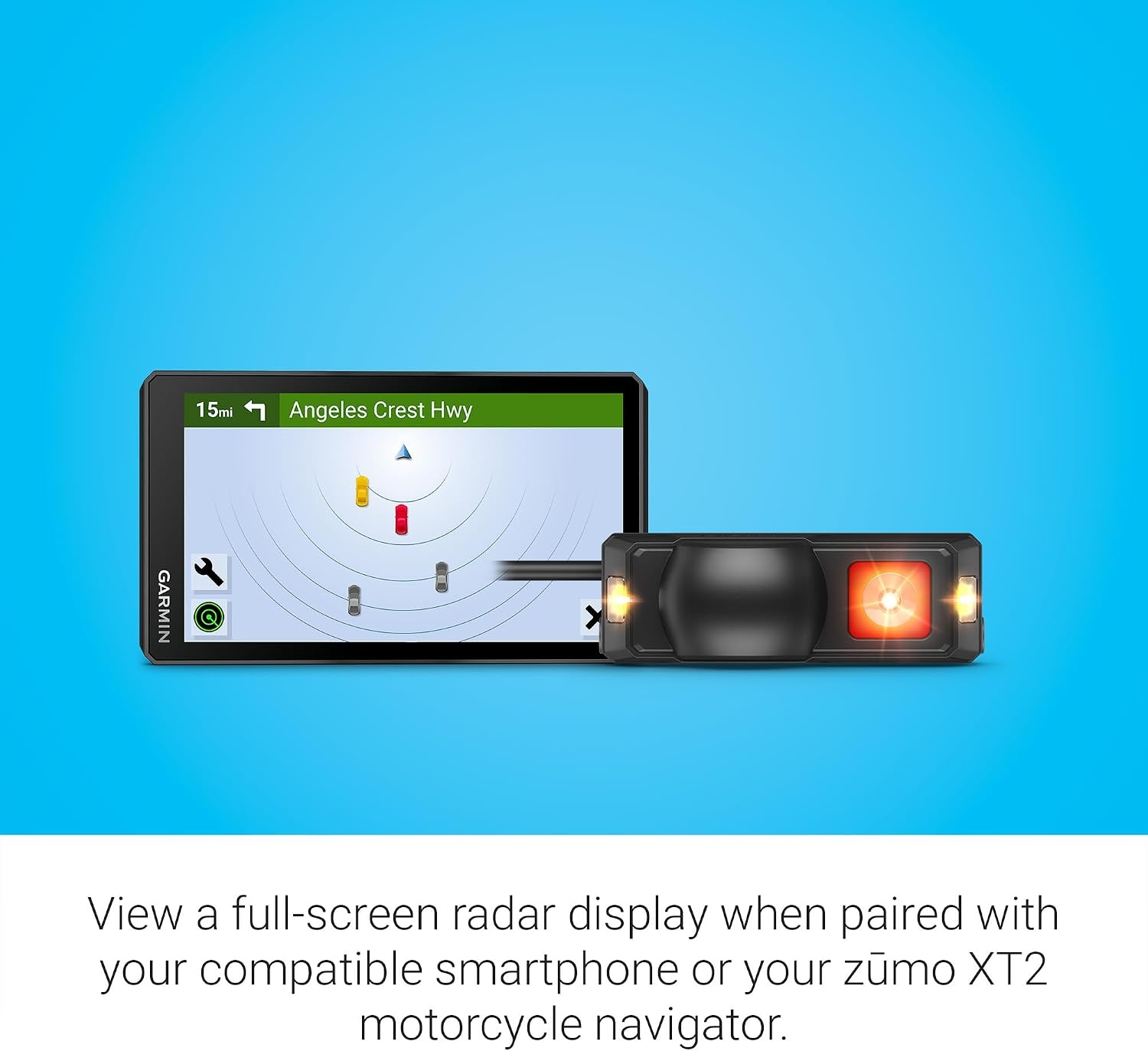 image:imageGarmin zmo R1 Radar Motorcycle Rearview and Blind Spot Radar with External Lights Audio Alerts and Headsup Indicator Lights Pairs Via Bluetooth to Zmo Radar App or XT2 External Amber and Red Lights Audio Alerts IP67 Weather Rating