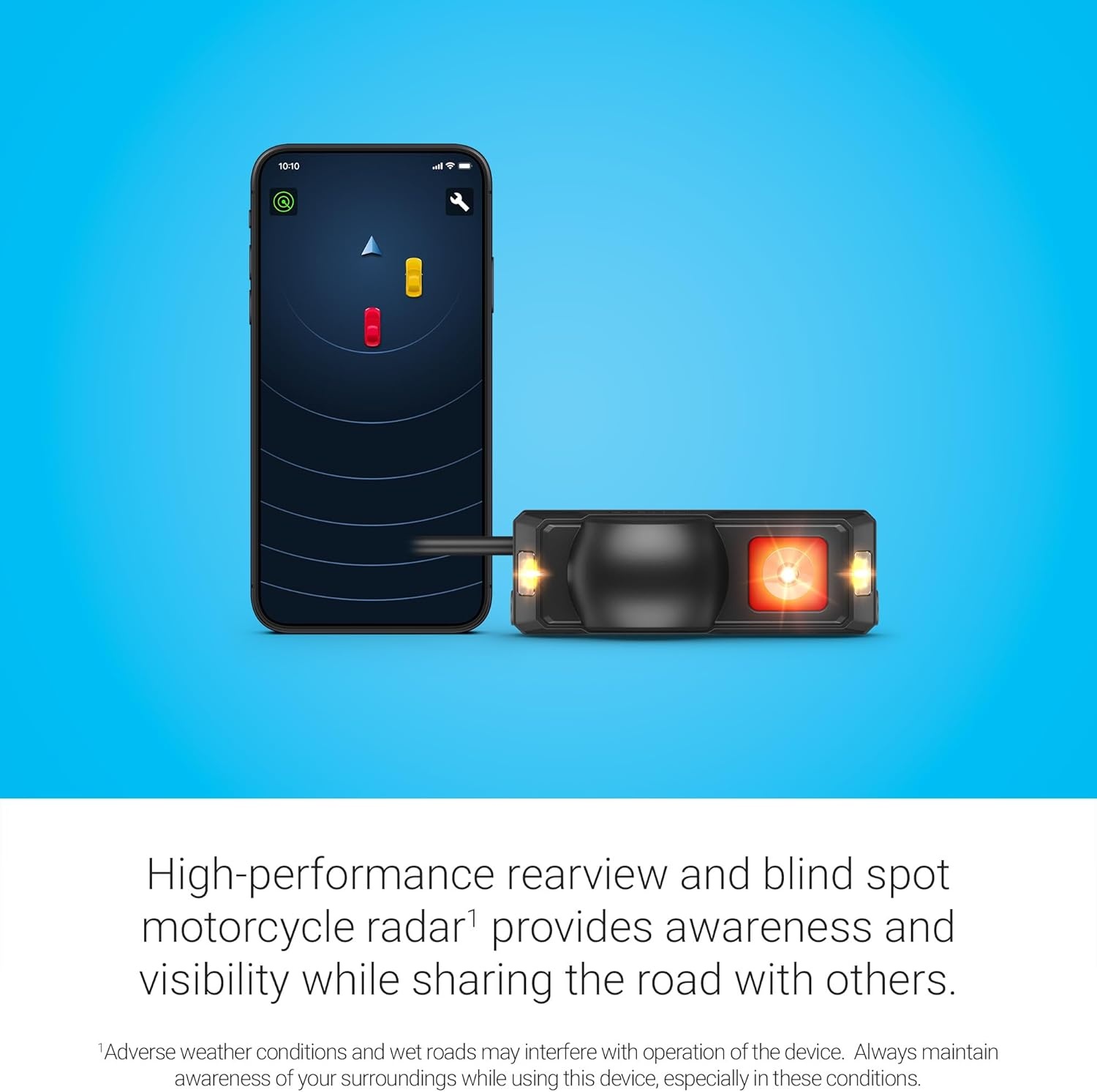 image:imageGarmin zmo R1 Radar Motorcycle Rearview and Blind Spot Radar with External Lights Audio Alerts and Headsup Indicator Lights Pairs Via Bluetooth to Zmo Radar App or XT2 External Amber and Red Lights Audio Alerts IP67 Weather Rating