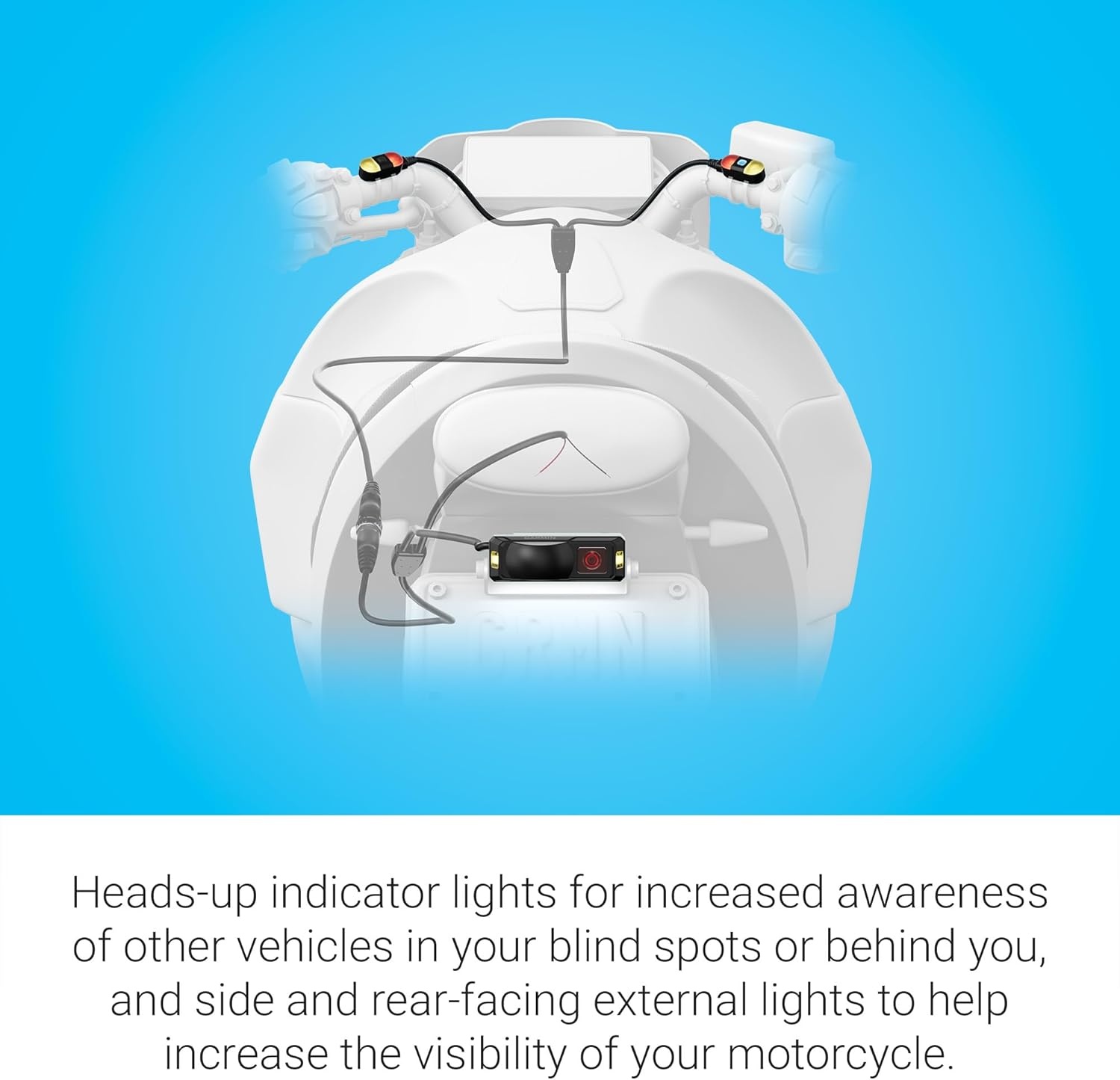 image:imageGarmin zmo R1 Radar Motorcycle Rearview and Blind Spot Radar with External Lights Audio Alerts and Headsup Indicator Lights Pairs Via Bluetooth to Zmo Radar App or XT2 External Amber and Red Lights Audio Alerts IP67 Weather Rating