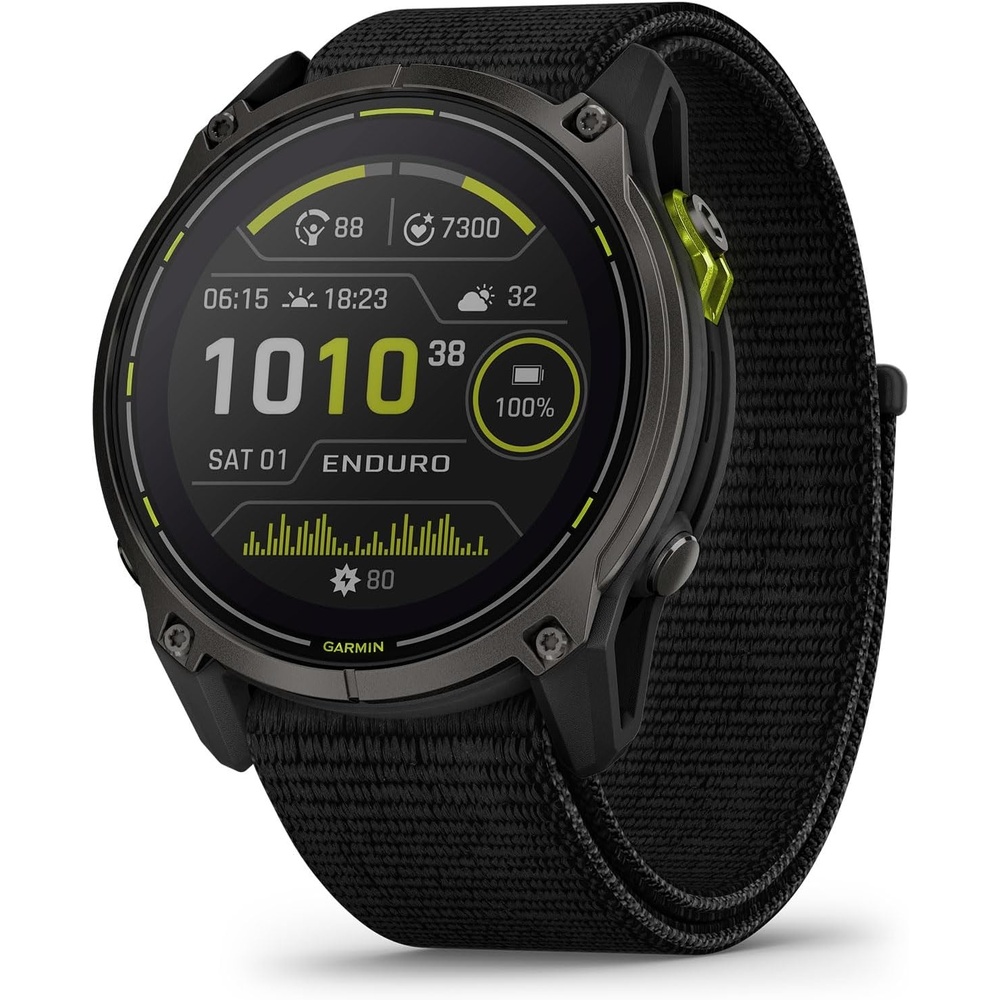image:imageGarmin Enduro 3 51 mm Solar Sapphire Ultraperformance GPS Smartwatch Extreme Battery Life Detailed Mapping Builtin LED Flashlight Carbon Gray DLC Titanium with Black UltraFit Nylon Strap Verified Features 51 Mm Power Sapphire Lens Carbon Gray Dlc Titanium Bezel Builtin LED Flashlight Ultrafit Nylon Strap