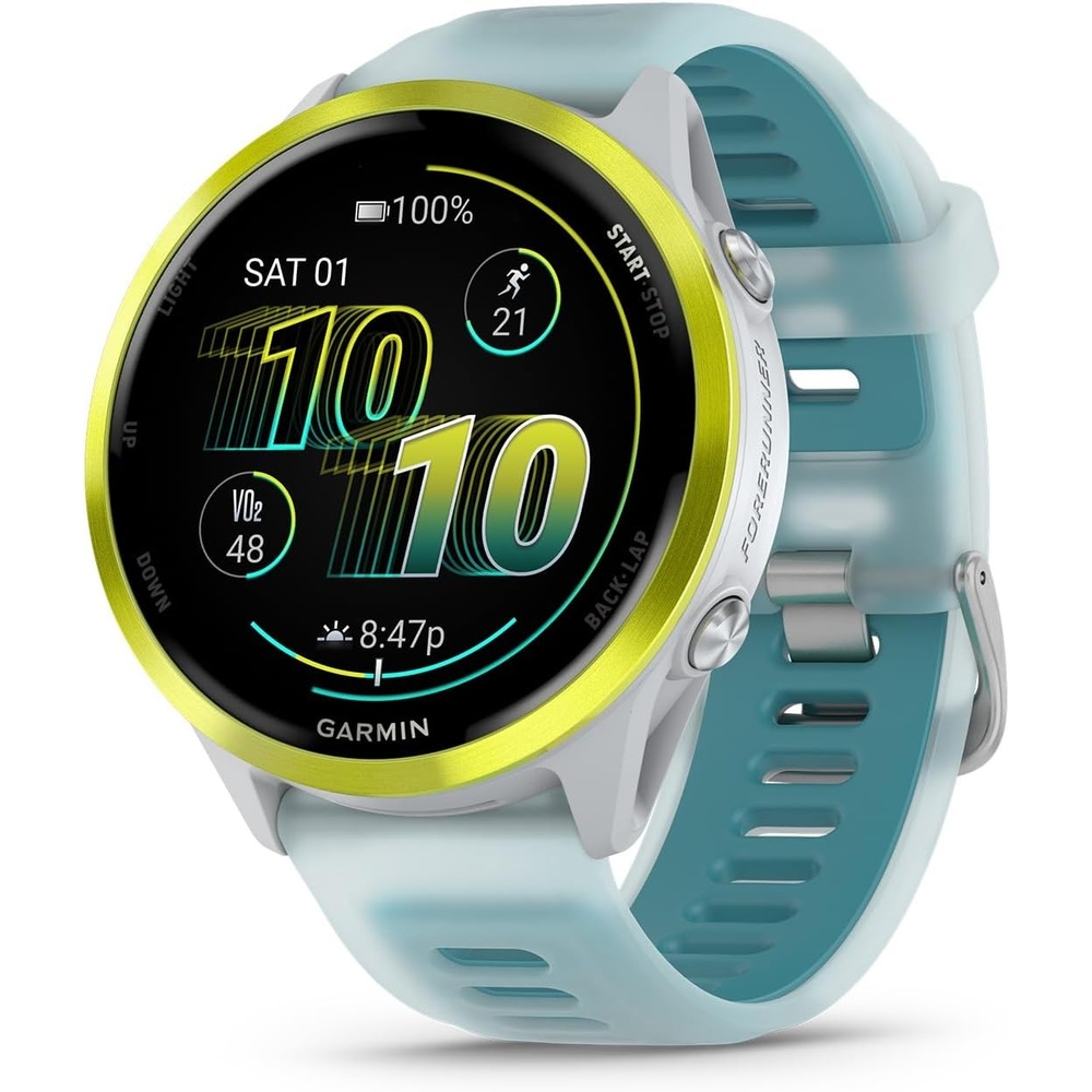 image:imageGarmin Forerunner 570 42mm Advanced GPS Running and Triathlon Smartwatch AMOLED Display Training and Recovery Features Slate Gray Aluminum with Translucent BlackBlack Band 12 Amoled MultiGnss GPS with Satiq Training Recovery and Multisport and Triathlon Support Slate Gray Aluminum CaseAmp Yellow with Whitestone