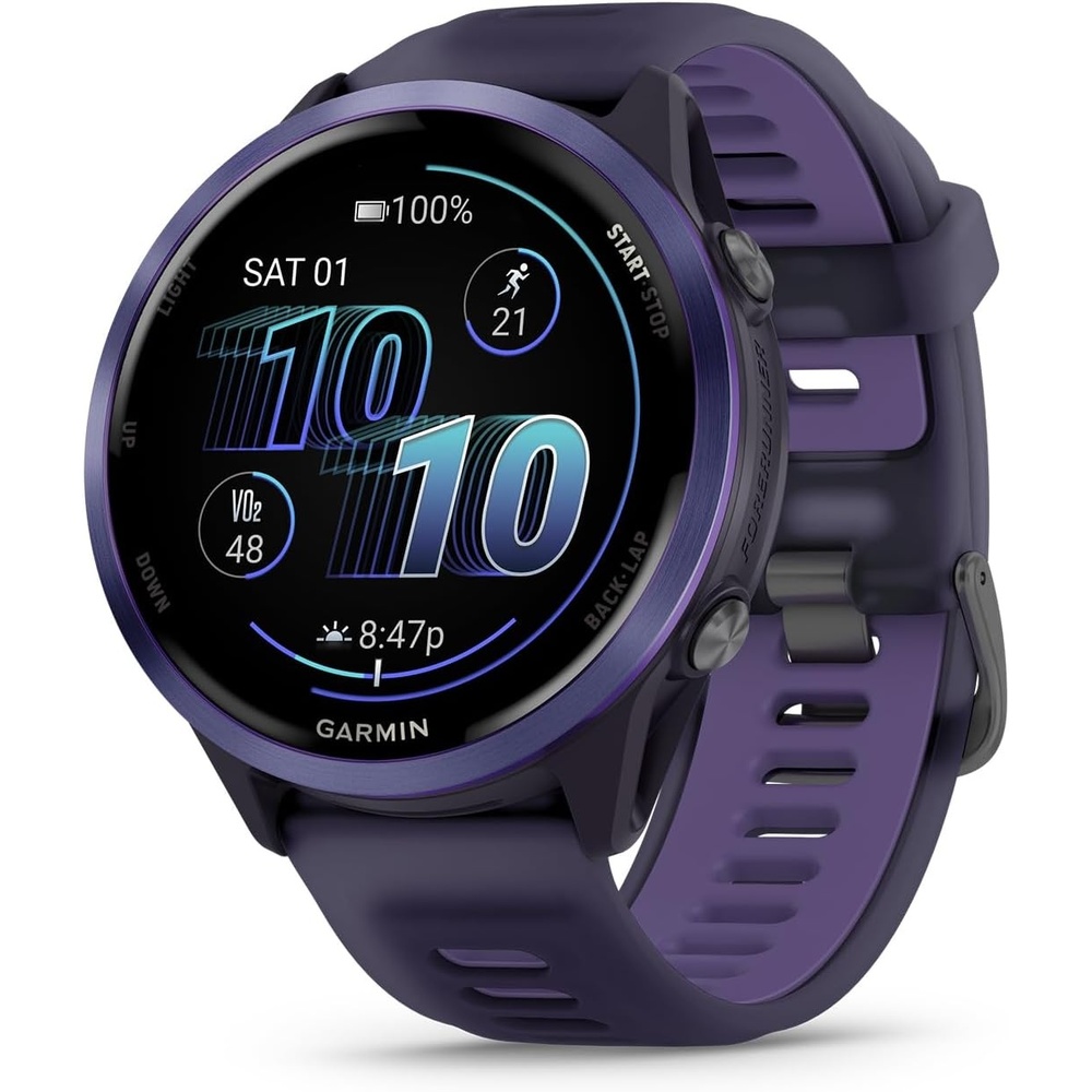 image:imageGarmin Forerunner 570 42mm Advanced GPS Running and Triathlon Smartwatch AMOLED Display Training and Recovery Features Slate Gray Aluminum with Translucent BlackBlack Band 12 Amoled MultiGnss GPS with Satiq Training Recovery and Multisport and Triathlon Support Slate Gray Aluminum CaseIndigo Purple