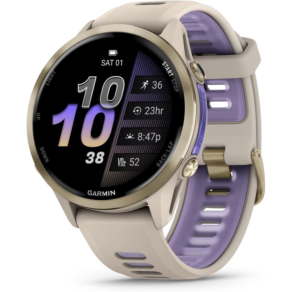 image:imageGarmin Forerunner 970 Premium GPS Running and Triathlon Smartwatch AMOLED Display Builtin LED Flashlight Carbon Gray DLC Titanium with Black Case and Translucent Whitestone Band 14 Amoled Builtin LED Flashlight Titanium Bezel and Sapphire Lens MultiBand GPS with Maps Up to 15 Days SmartwatchFrench Gray with Indigo