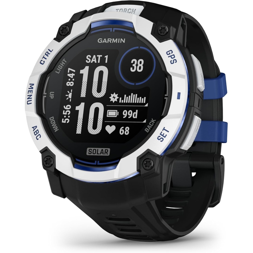 image:imageGarmin Instinct 3 45mm AMOLED Display Rugged Outdoor GPS Smartwatch MetalReinforced Bezel Builtin Flashlight Up to 18 Days of Battery Life Black 45mm Amoled 12 Display MetalReinforced Bezel Builtin Flashlight Up to 18 Days Battery MultiBand GPS 10 AtmWhitestone and Bolt Blue