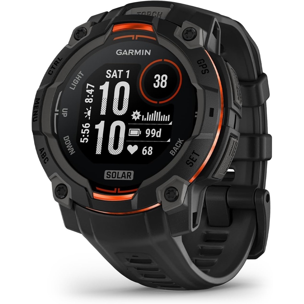 image:imageGarmin Instinct 3 45mm AMOLED Display Rugged Outdoor GPS Smartwatch MetalReinforced Bezel Builtin Flashlight Up to 18 Days of Battery Life Black 45mm Amoled 12 Display MetalReinforced Bezel Builtin Flashlight Up to 18 Days Battery MultiBand GPS 10 AtmSolar Black