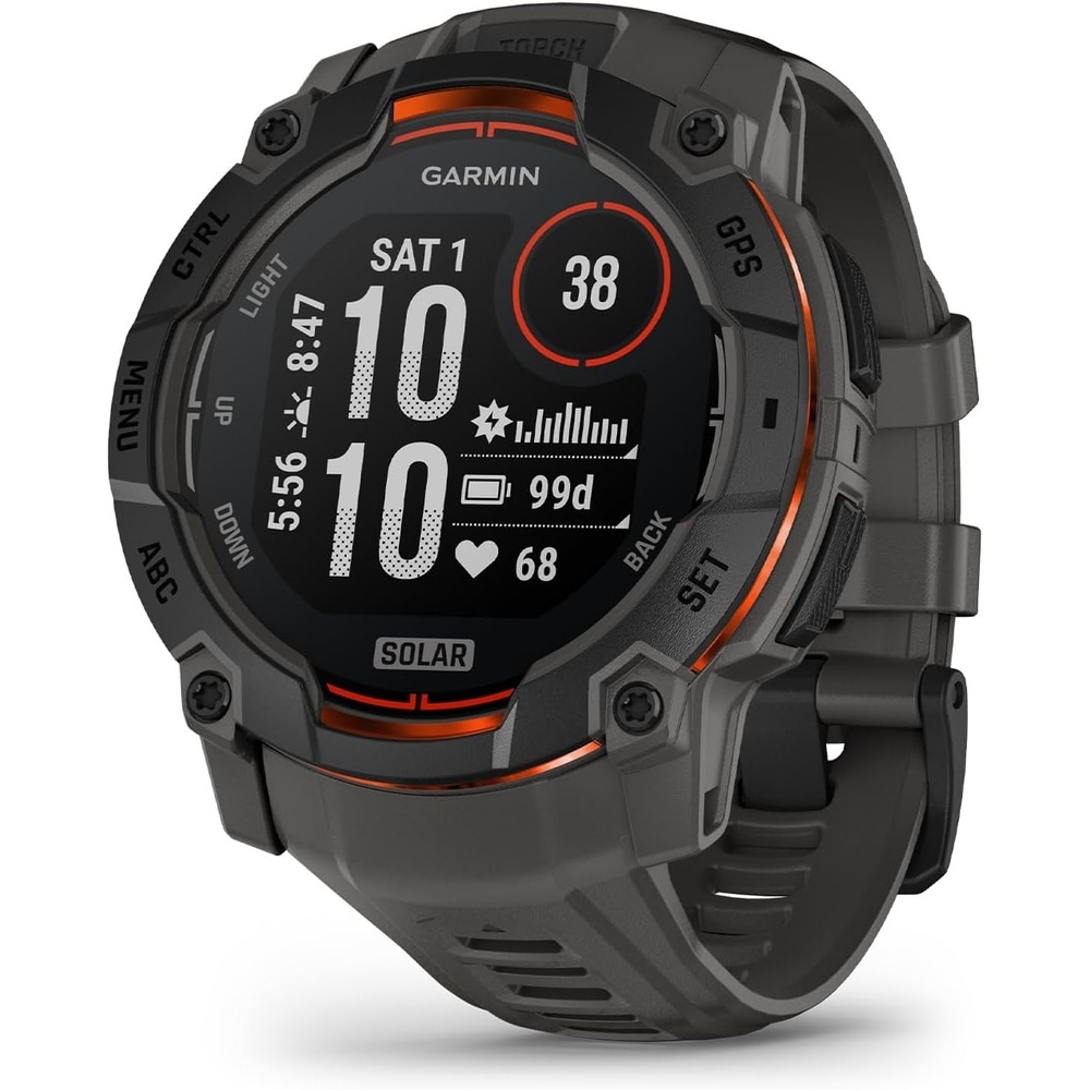 image:imageGarmin Instinct 3 45mm AMOLED Display Rugged Outdoor GPS Smartwatch MetalReinforced Bezel Builtin Flashlight Up to 18 Days of Battery Life Black 45mm Amoled 12 Display MetalReinforced Bezel Builtin Flashlight Up to 18 Days Battery MultiBand GPS 10 AtmSolar Charcoal