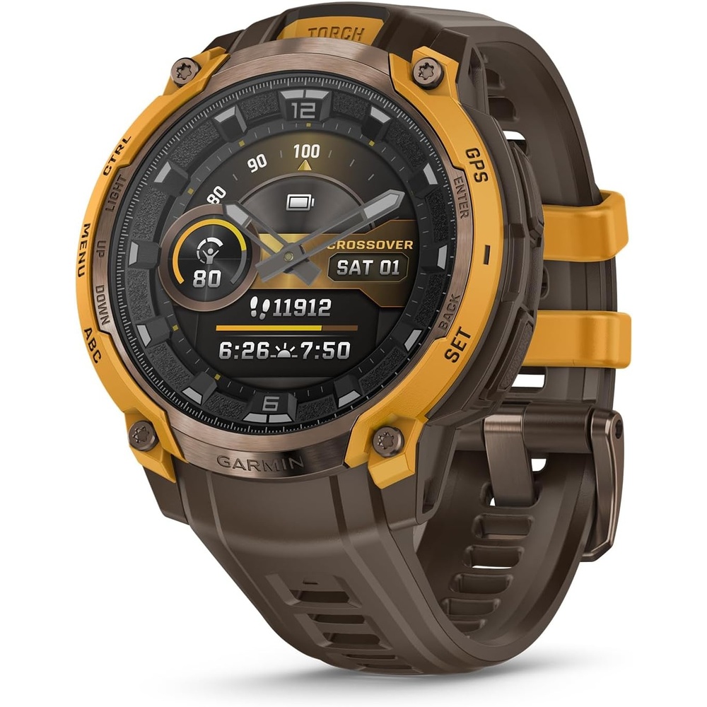 image:imageGarmin Instinct Crossover AMOLED Rugged Hybrid GPS Smartwatch with Analog Watch Hands and Bright AMOLED Display BronzeSunburst with Cocoa Silicone Band Analog Watch Hands 47mm Case Cocoa Silicone Band Up to 14 Days BatteryBronzeSunburst