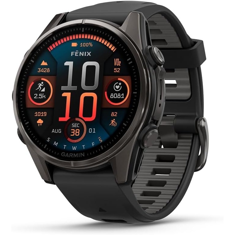 image:imageGarmin fnix 8 51 mm SolarSapphire Premium Multisport GPS Smartwatch ConnectLongLasting Battery Life DiveRatedBuiltin LED FlashlightCarbon Gray DLC Titanium with Pebble Gray Band Carbon Gray Dlc Ti Bezel Black and Pebble Gray Band LED Flashlight 100m Water Up to 48Day BatteryTitanium with Gray Band