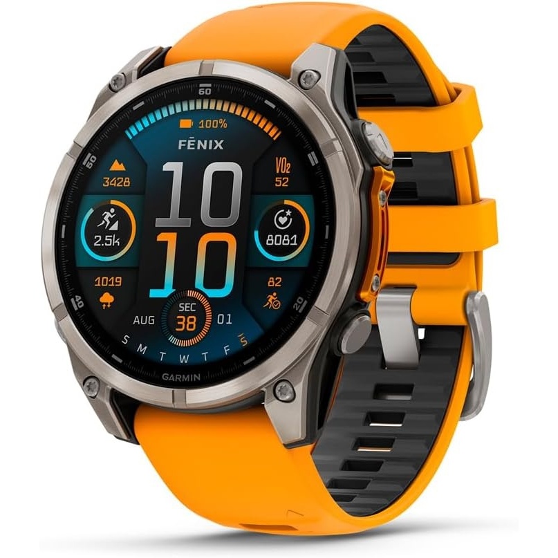 image:imageGarmin fnix 8 51 mm SolarSapphire Premium Multisport GPS Smartwatch ConnectLongLasting Battery Life DiveRatedBuiltin LED FlashlightCarbon Gray DLC Titanium with Pebble Gray Band Carbon Gray Dlc Ti Bezel Black and Pebble Gray Band LED Flashlight 100m Water Up to 48Day BatteryTitanium with OrangeGraphite Band