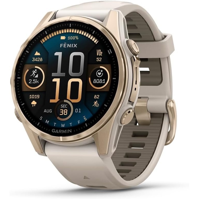 image:imageGarmin fnix 8 51 mm SolarSapphire Premium Multisport GPS Smartwatch ConnectLongLasting Battery Life DiveRatedBuiltin LED FlashlightCarbon Gray DLC Titanium with Pebble Gray Band Carbon Gray Dlc Ti Bezel Black and Pebble Gray Band LED Flashlight 100m Water Up to 48Day BatterySoft Gold with Dark Sandstone Band