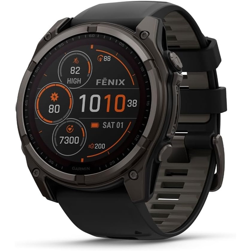 image:imageGarmin fnix 8 51 mm SolarSapphire Premium Multisport GPS Smartwatch ConnectLongLasting Battery Life DiveRatedBuiltin LED FlashlightCarbon Gray DLC Titanium with Pebble Gray Band Carbon Gray Dlc Ti Bezel Black and Pebble Gray Band LED Flashlight 100m Water Up to 48Day BatteryTitanium with Pebble Gray BandSolar