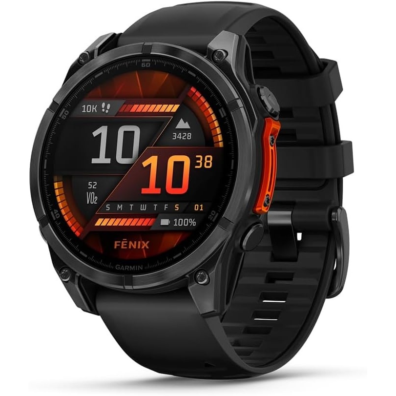 image:imageGarmin fnix 8 51 mm SolarSapphire Premium Multisport GPS Smartwatch ConnectLongLasting Battery Life DiveRatedBuiltin LED FlashlightCarbon Gray DLC Titanium with Pebble Gray Band Carbon Gray Dlc Ti Bezel Black and Pebble Gray Band LED Flashlight 100m Water Up to 48Day BatterySlate Gray with Black Band