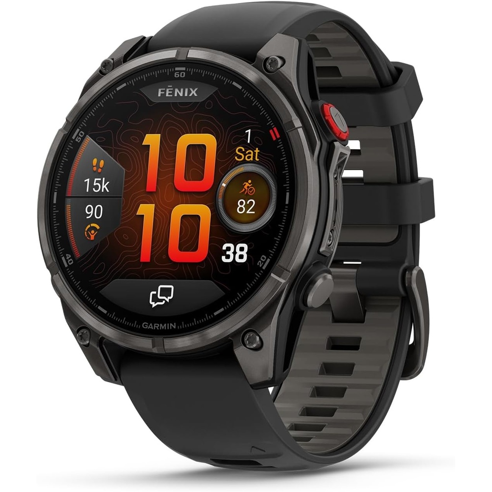 image:imageGarmin fnix 8 Pro 47mm AMOLED Display Premium Connected Multisport GPS Smartwatch inReach Technology Sapphire Titanium with GraphiteBlack Silicone Band Sapphire Crystal Titanium Bezel Graphite and Black Silicone Band Inreach Up to 15 DaysCarbon Gray DLC