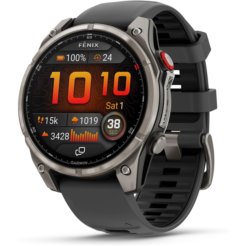 image:imageGarmin fnix 8 Pro 47mm AMOLED Display Premium Connected Multisport GPS Smartwatch inReach Technology Sapphire Titanium with GraphiteBlack Silicone Band Sapphire Crystal Titanium Bezel Graphite and Black Silicone Band Inreach Up to 15 DaysGraphite