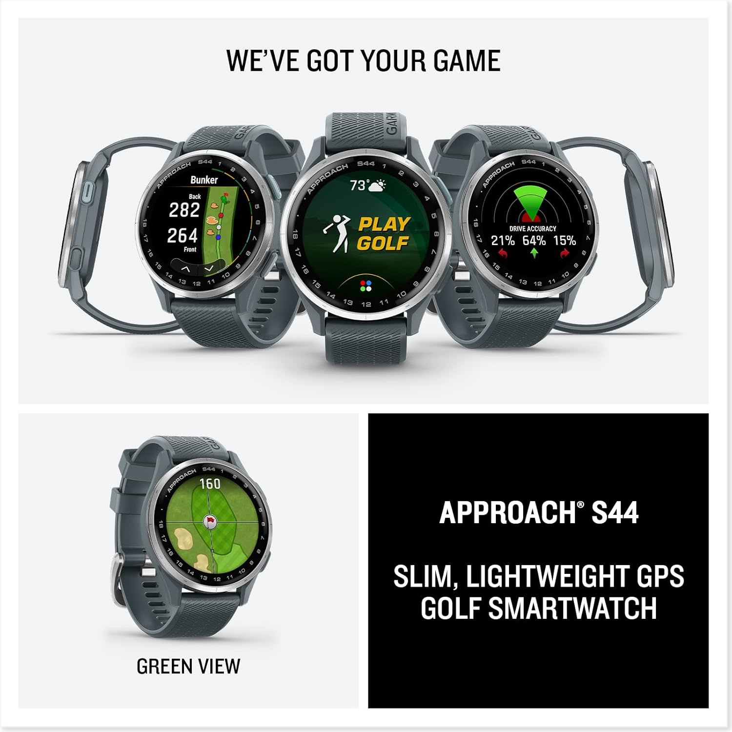 image:imageGarmin Approach S50 Advanced Golf GPS Smartwatch AMOLED Display OnCourse Features WristBased Heart Rate Cream Gold Aluminum Bezel with Ivory ComfortFit Nylon Band Ivory Comfortfit Nylon Band Wrist Heart Rate and Pulse Ox Preloaded 43 000 Plus Courses OnCourse GPS and Shot TrackingGray