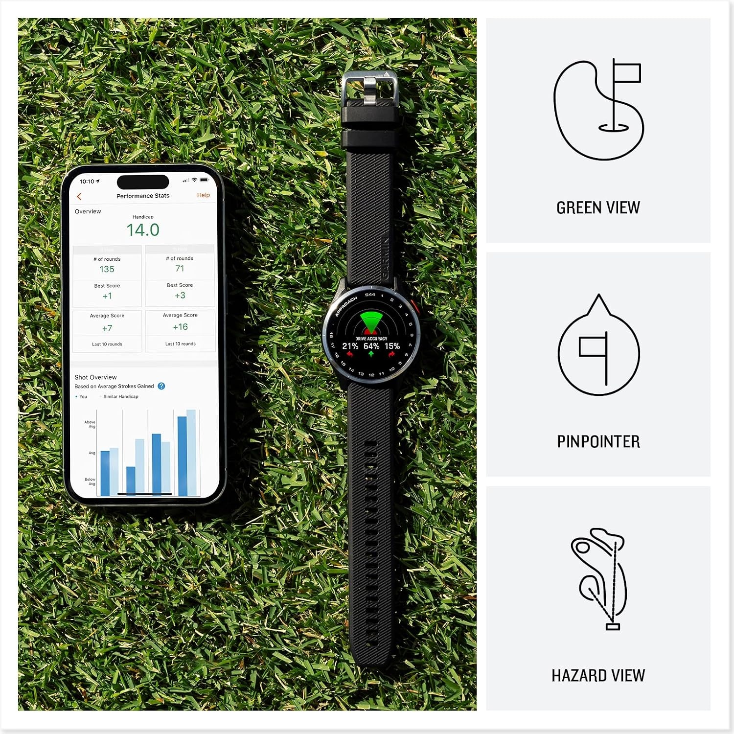 image:imageGarmin Approach S50 Advanced Golf GPS Smartwatch AMOLED Display OnCourse Features WristBased Heart Rate Cream Gold Aluminum Bezel with Ivory ComfortFit Nylon Band Ivory Comfortfit Nylon Band Wrist Heart Rate and Pulse Ox Preloaded 43 000 Plus Courses OnCourse GPS and Shot TrackingGray